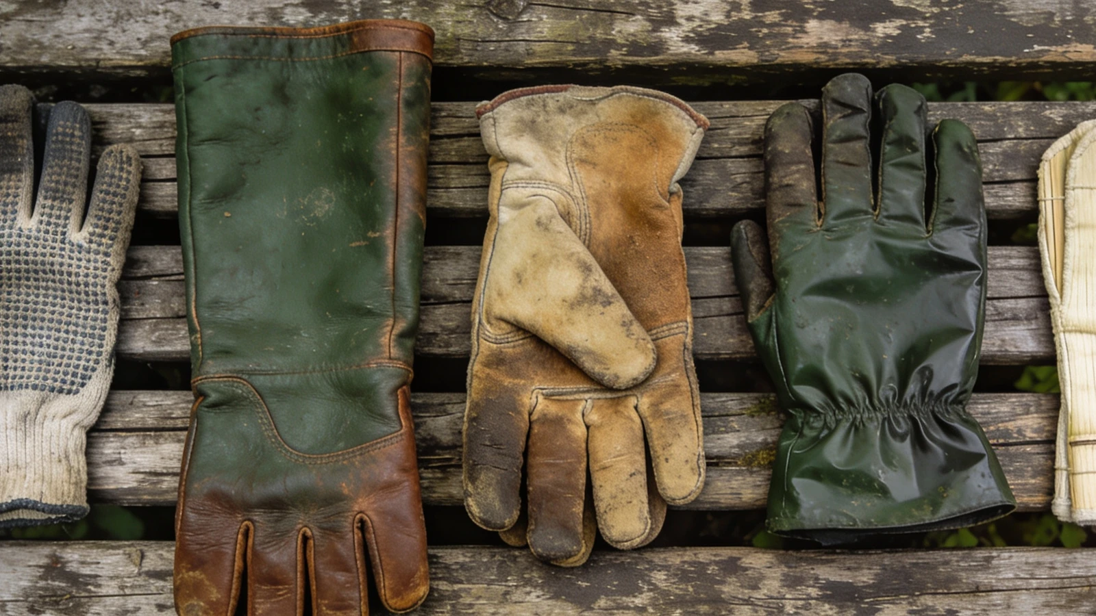 Nitrile coated gloves, leather gauntlets and a worn out pair side by side