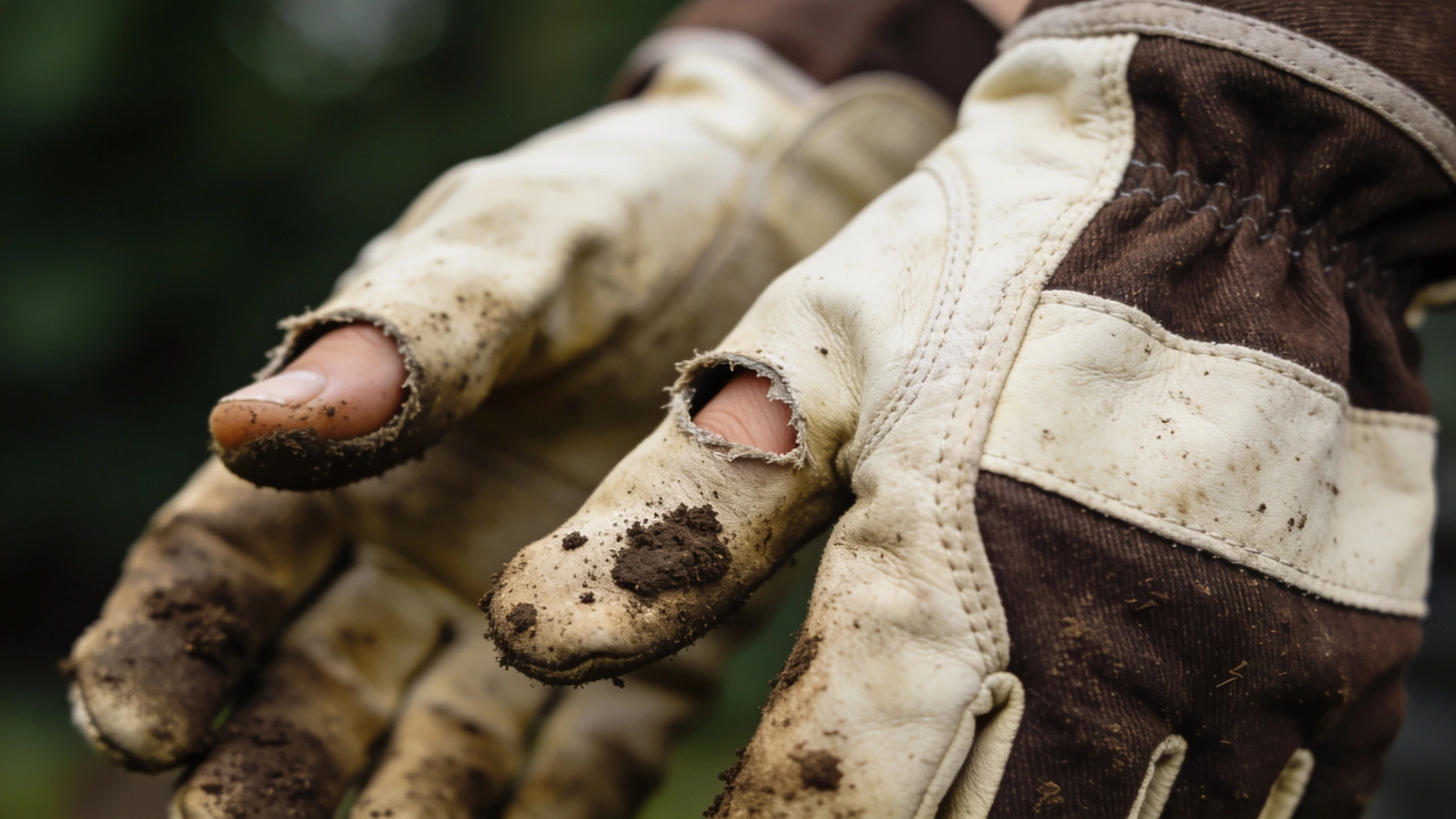 Gloves worn through at the fingertips first Gardening gloves with holes worn through the index finger and thumb tips