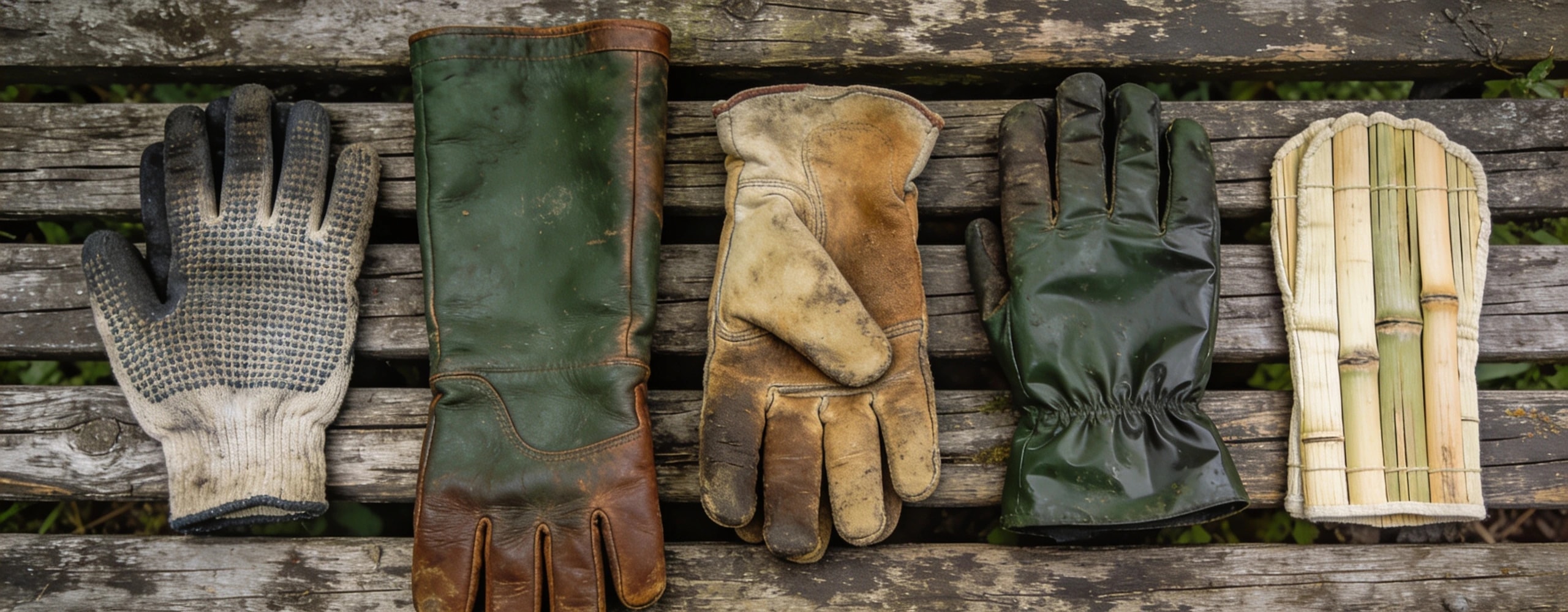 Nitrile coated gloves, leather gauntlets and a worn out pair side by side