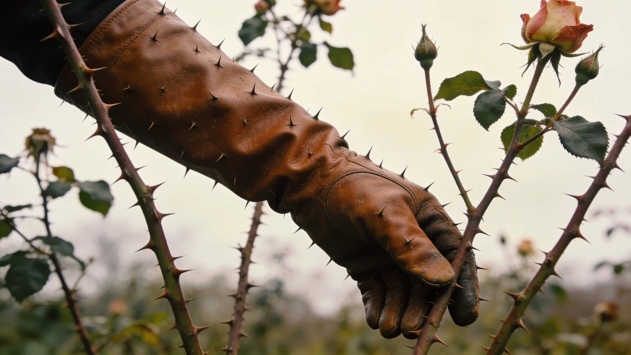 A leather gauntlet reaching into a thorny rose Long leather gauntlet covering the forearm while reaching between thorny rose stems