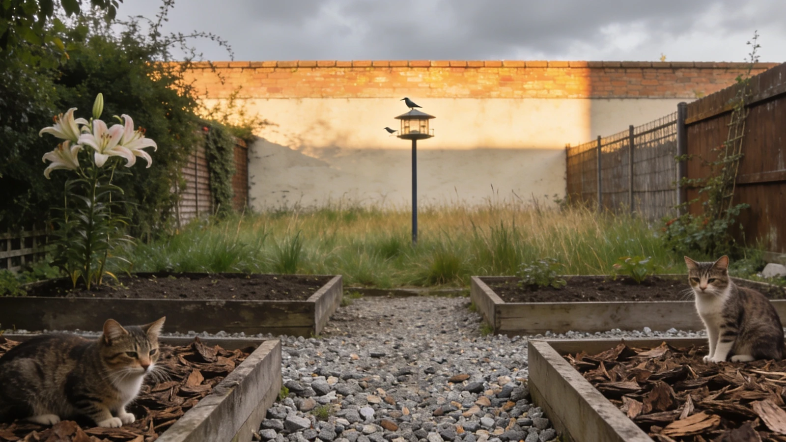 Beds under coarse bark and gravel mulch with a sunny wall top and long grass beyond