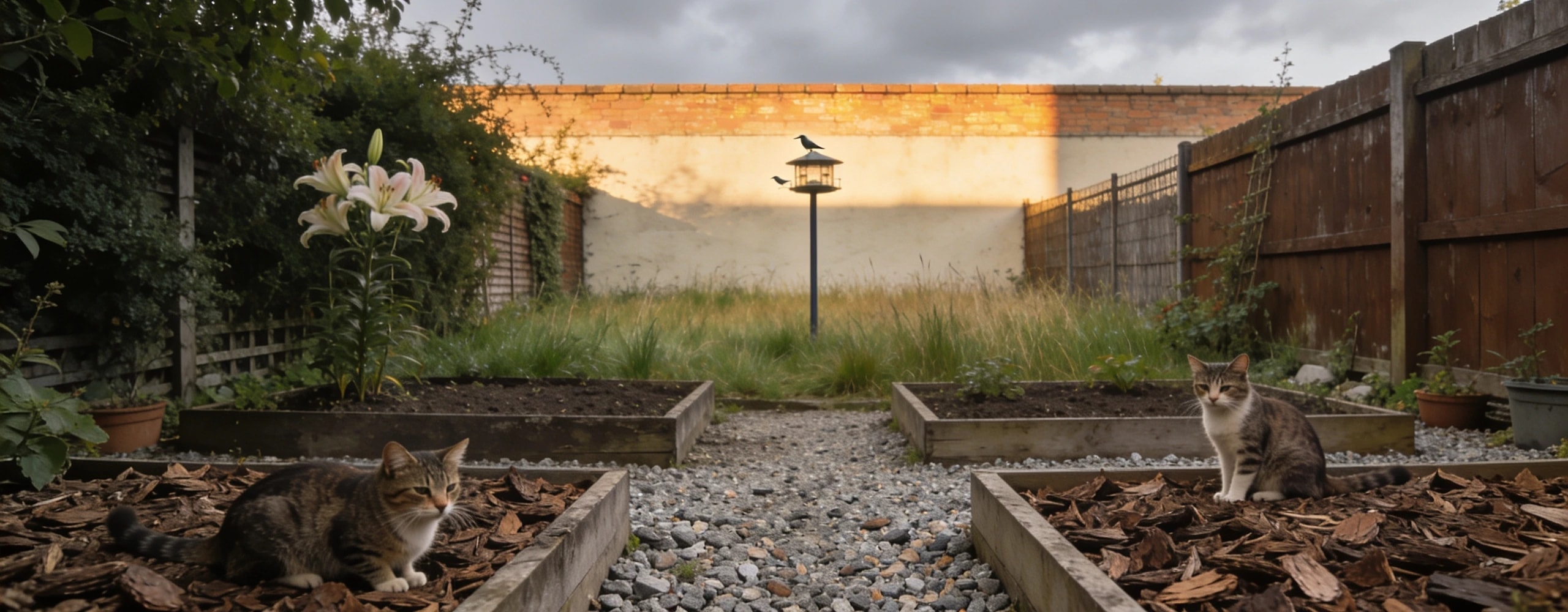 Coarse mulch, a warm wall and no lilies anywhere Beds under coarse bark and gravel mulch with a sunny wall top and long grass beyond