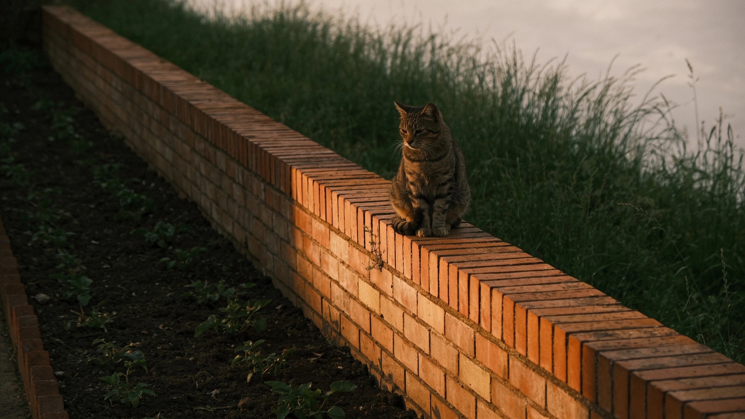 A high sunny spot, which is what a cat actually wants Cat sitting on a warm brick wall top above a border with long grass at the far end
