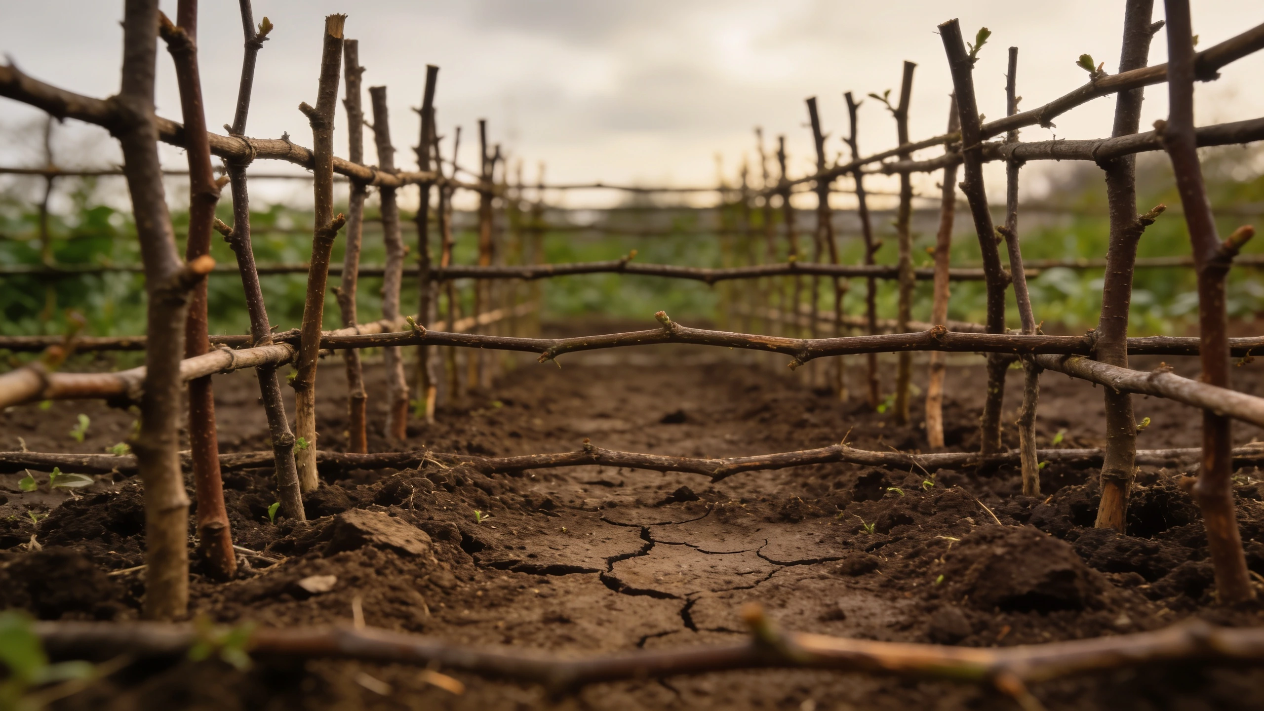 Twiggy prunings around a new sowing Grid of thin twiggy prunings pushed into a freshly sown bed so the soil surface is broken up