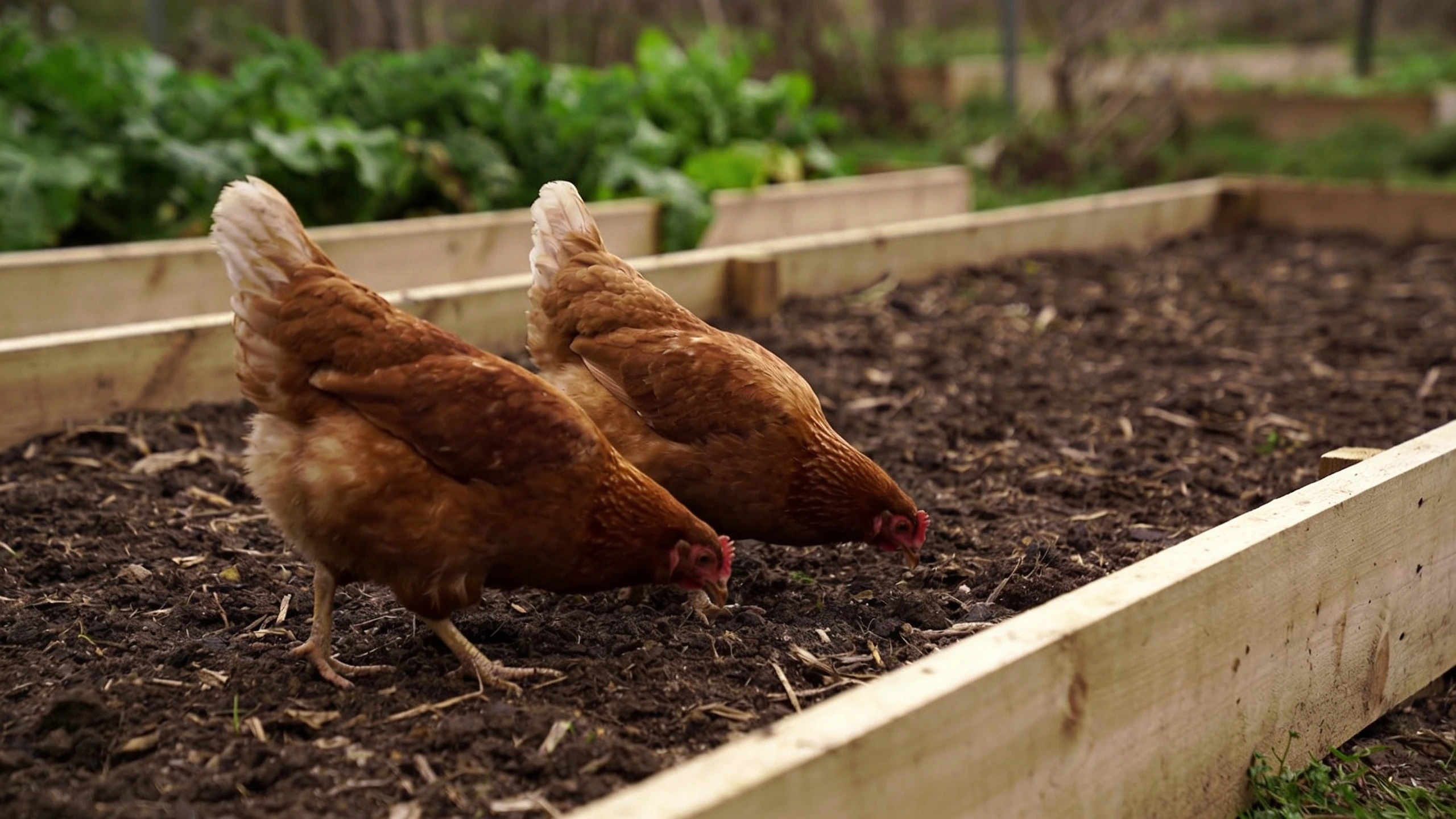 The same behaviour, applied to a bed you have already cleared Two chickens scratching over an empty harvested vegetable bed with a low barrier around it