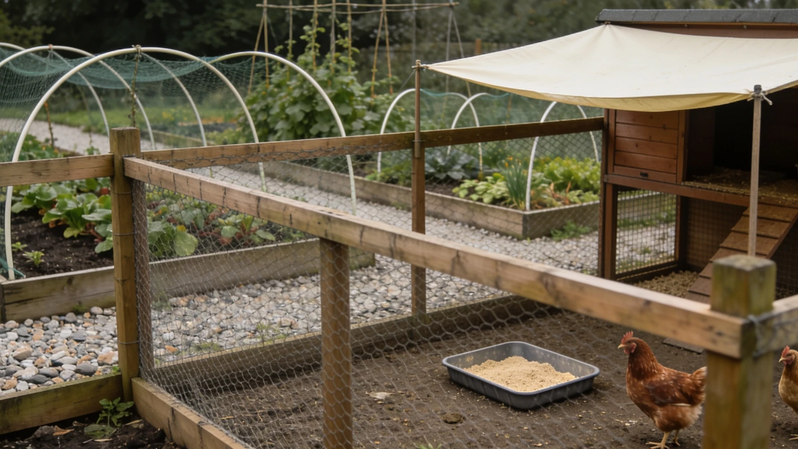 Fenced chicken run with coop and dust bath beside raised vegetable beds under netting