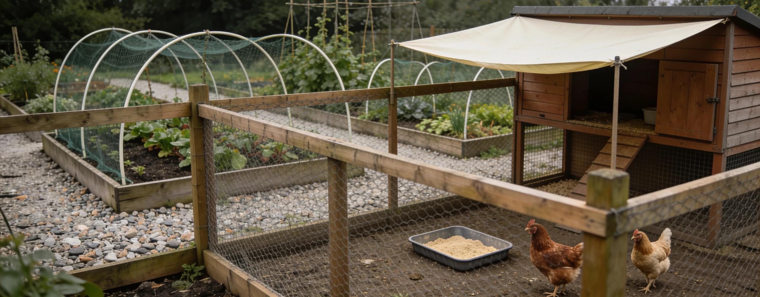 A run they live in, and beds they visit on purpose Fenced chicken run with coop and dust bath beside raised vegetable beds under netting