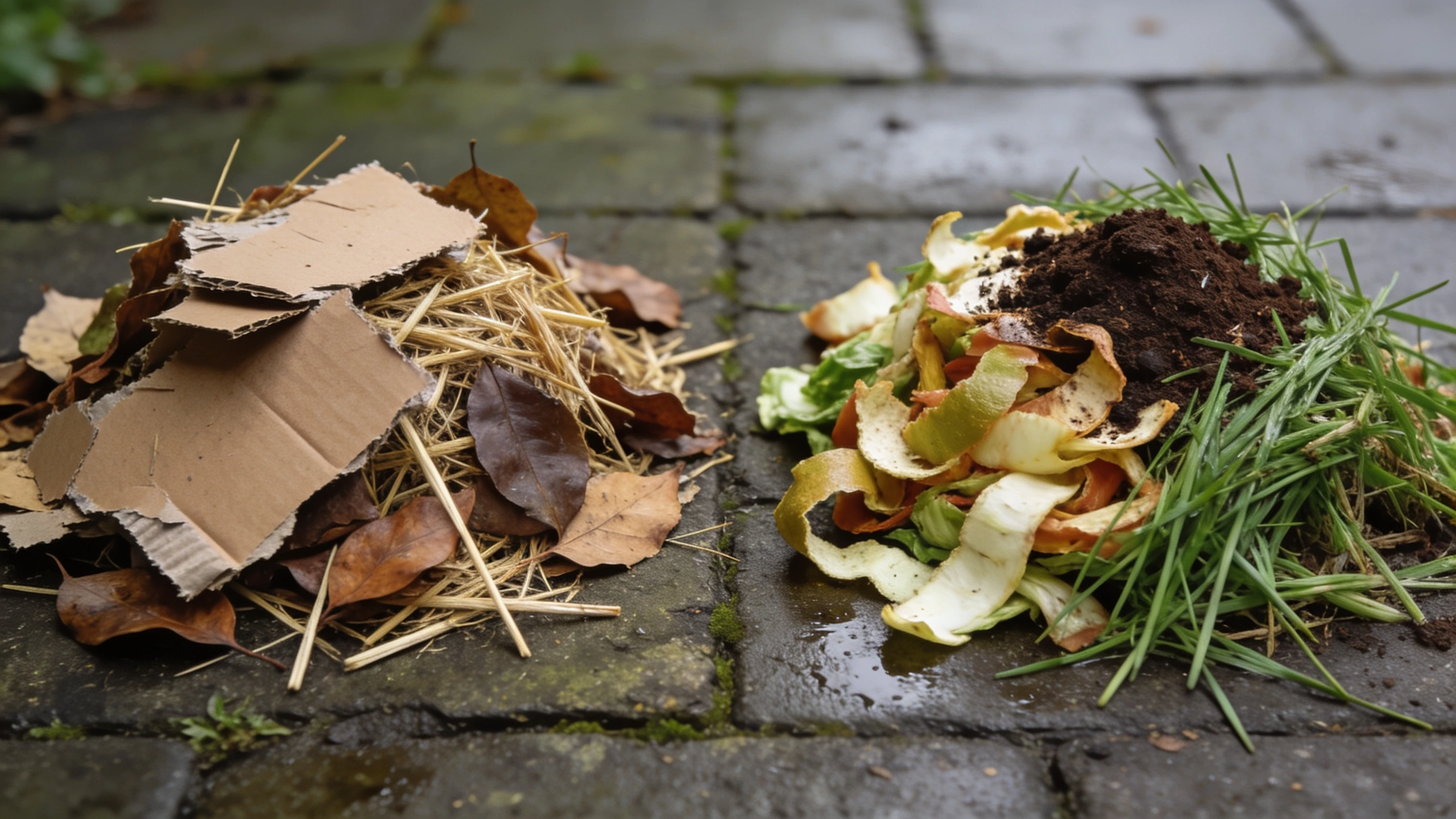 Compost browns and greens side by side Two piles side by side, one of cardboard and dry leaves, one of peelings and grass