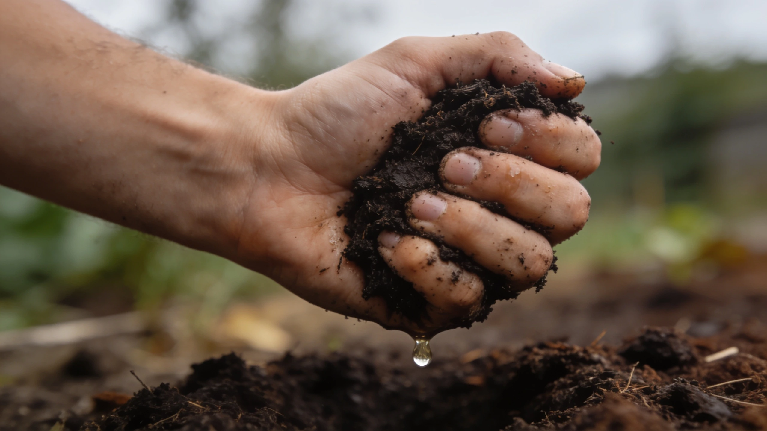 The compost moisture squeeze test A handful of dark compost squeezed in a hand holding its shape with one drop forming