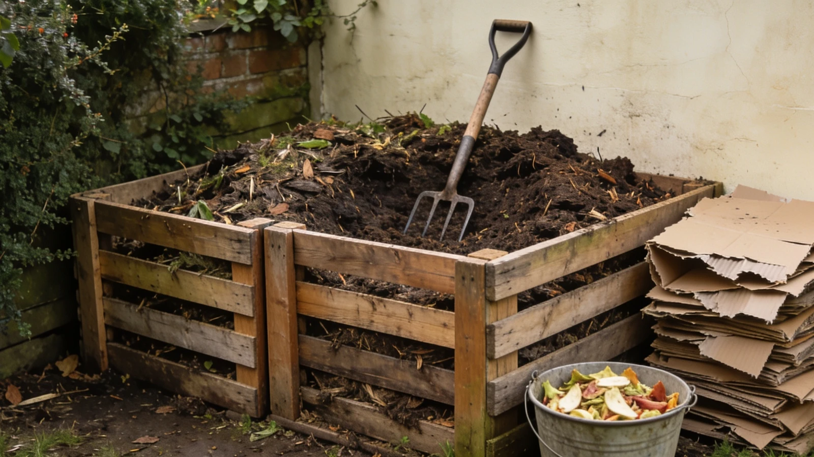 Compost bay built from three wooden pallets with a fork in the heap and a bucket beside