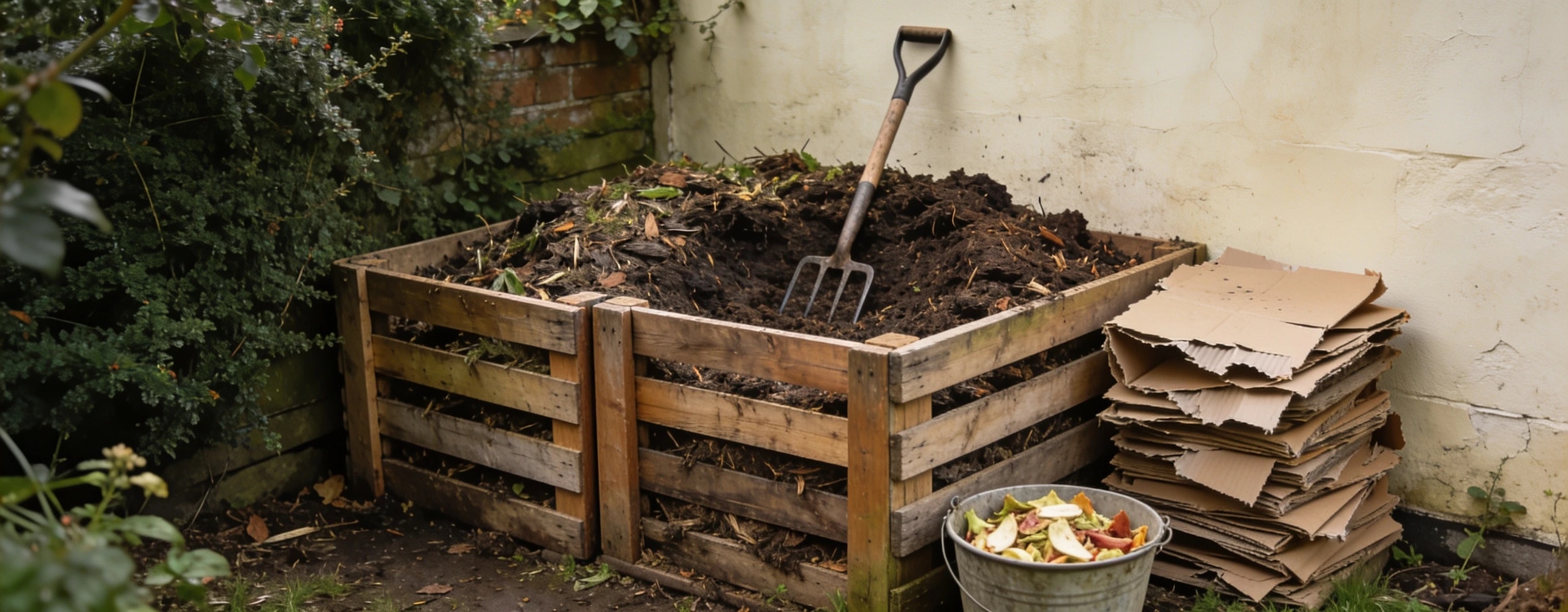 Compost bay built from three wooden pallets with a fork in the heap and a bucket beside
