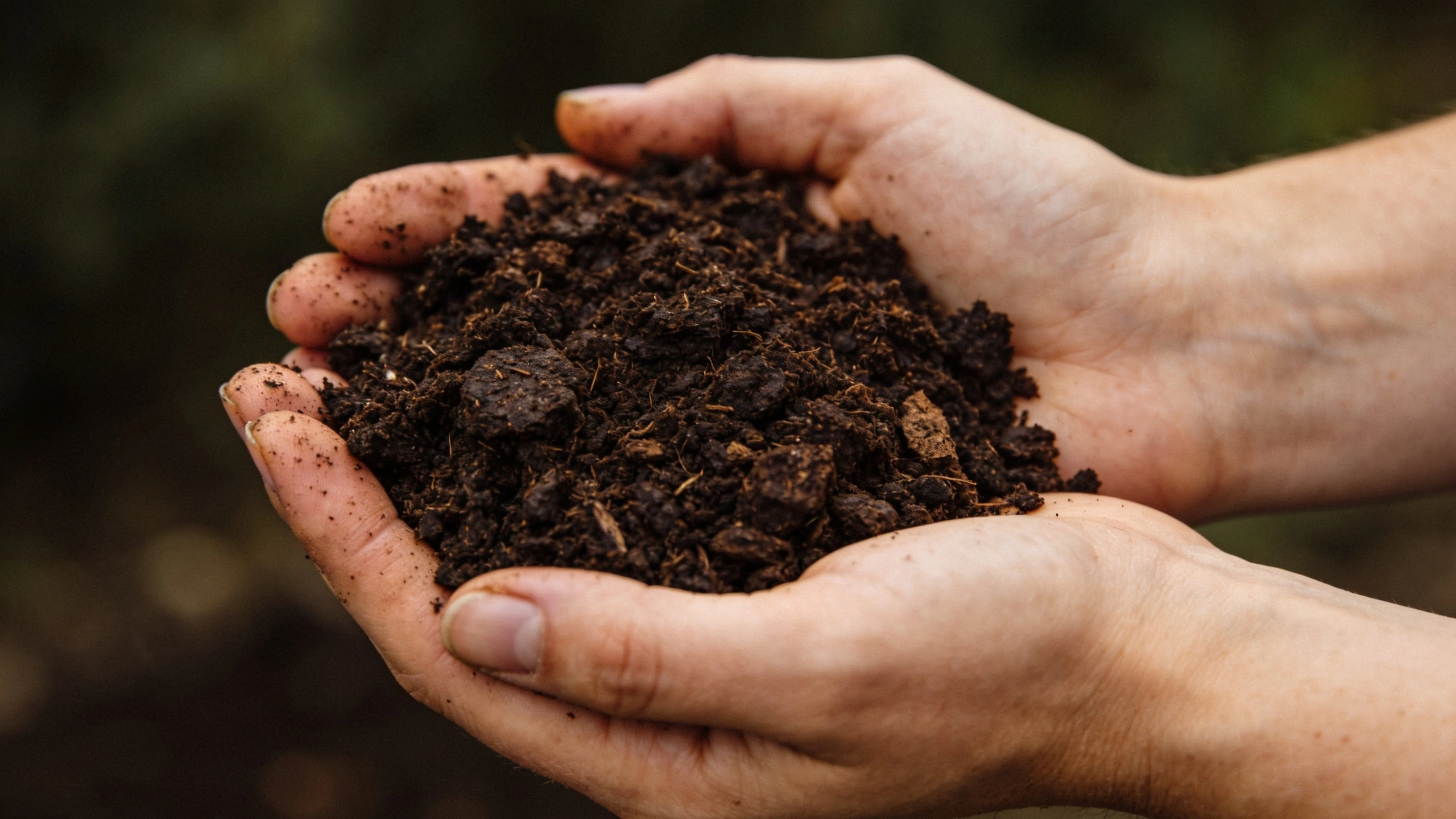 Finished crumbly garden compost Two cupped hands holding dark crumbly finished compost with nothing recognisable in it