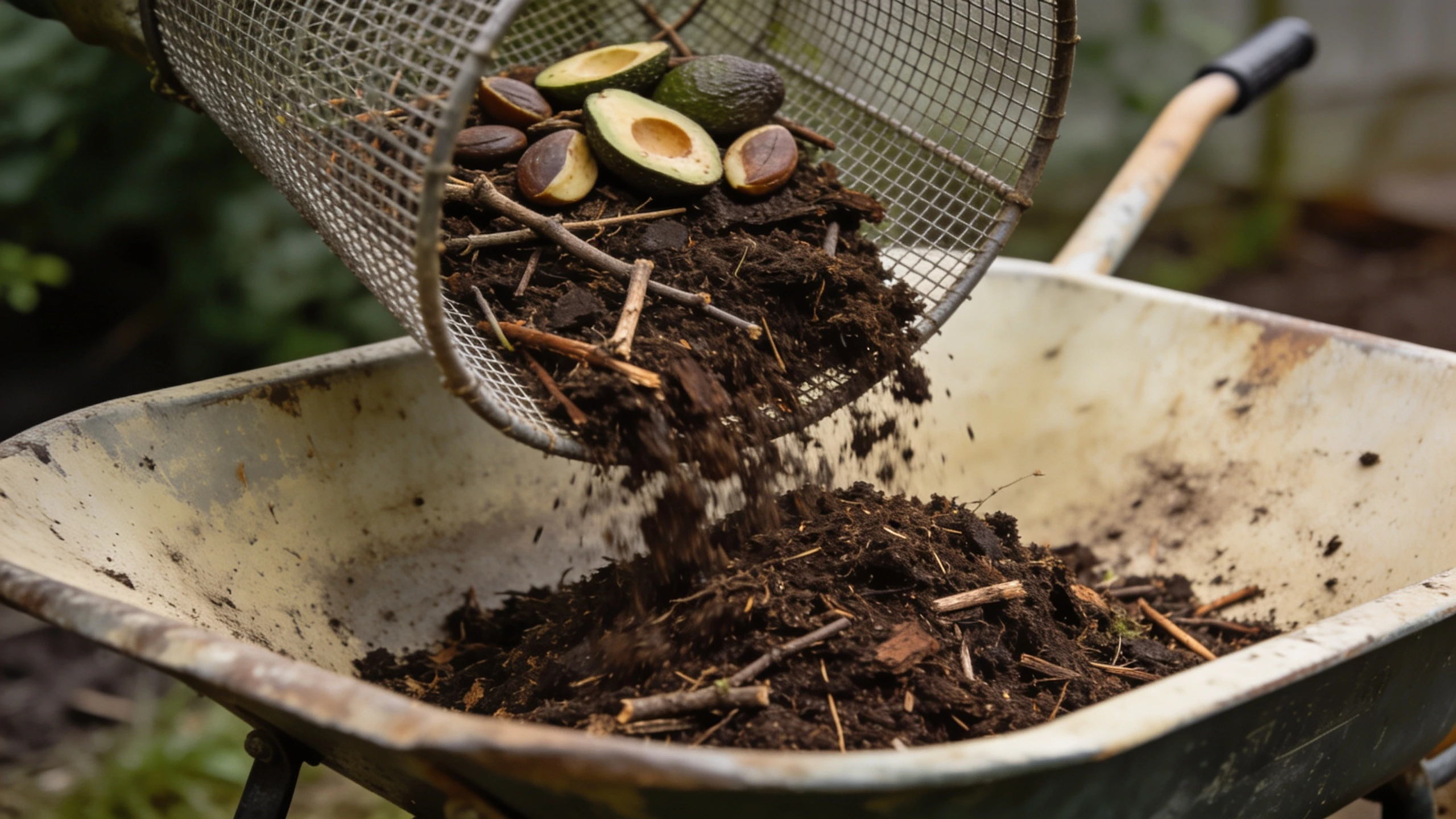 Sieving compost to remove twigs Compost pushed through a wire garden sieve with twigs and stones caught on top