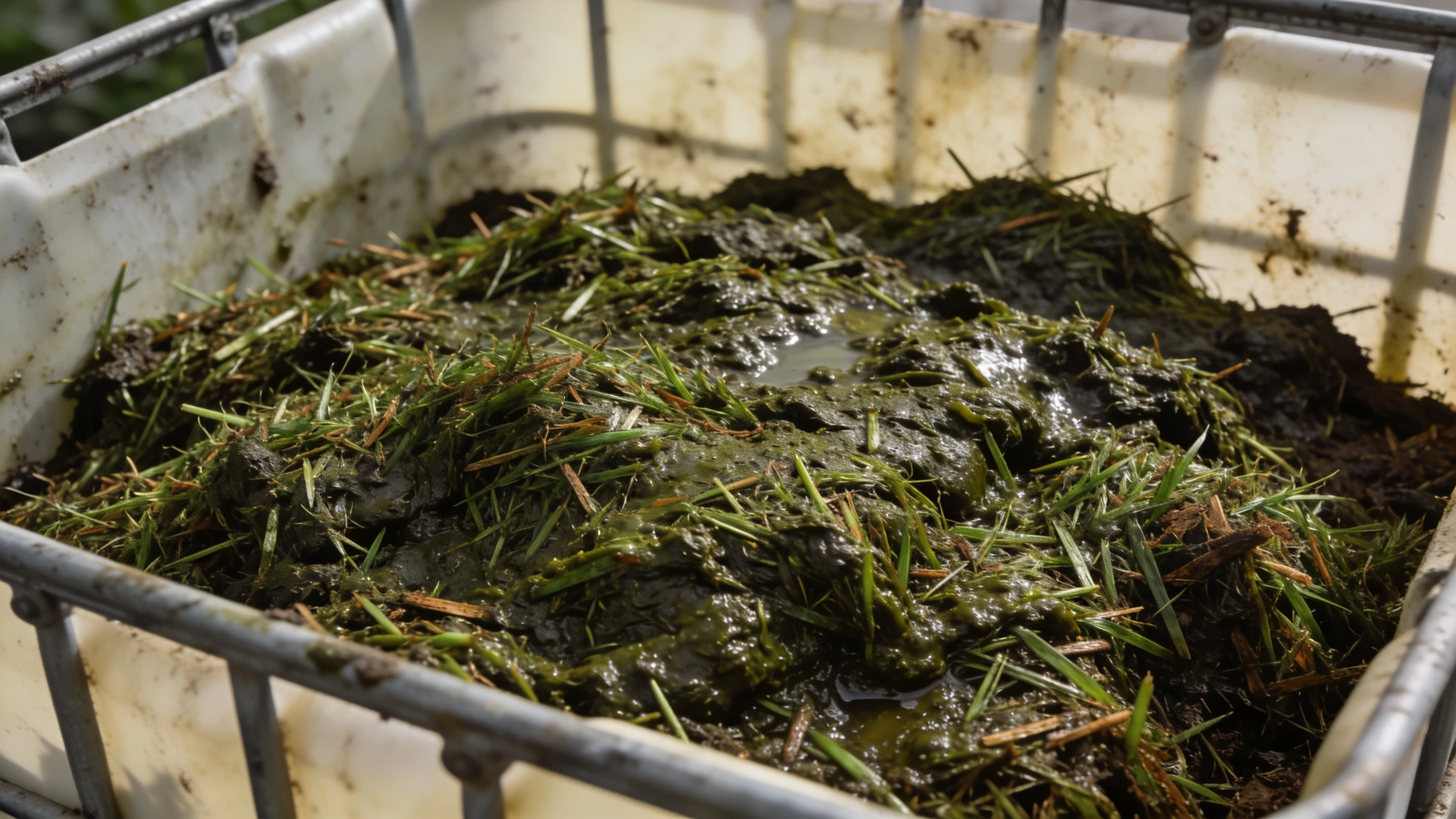 Slimy compost caused by too much grass Thick matted layer of slimy dark green grass clippings compacted in a compost bin