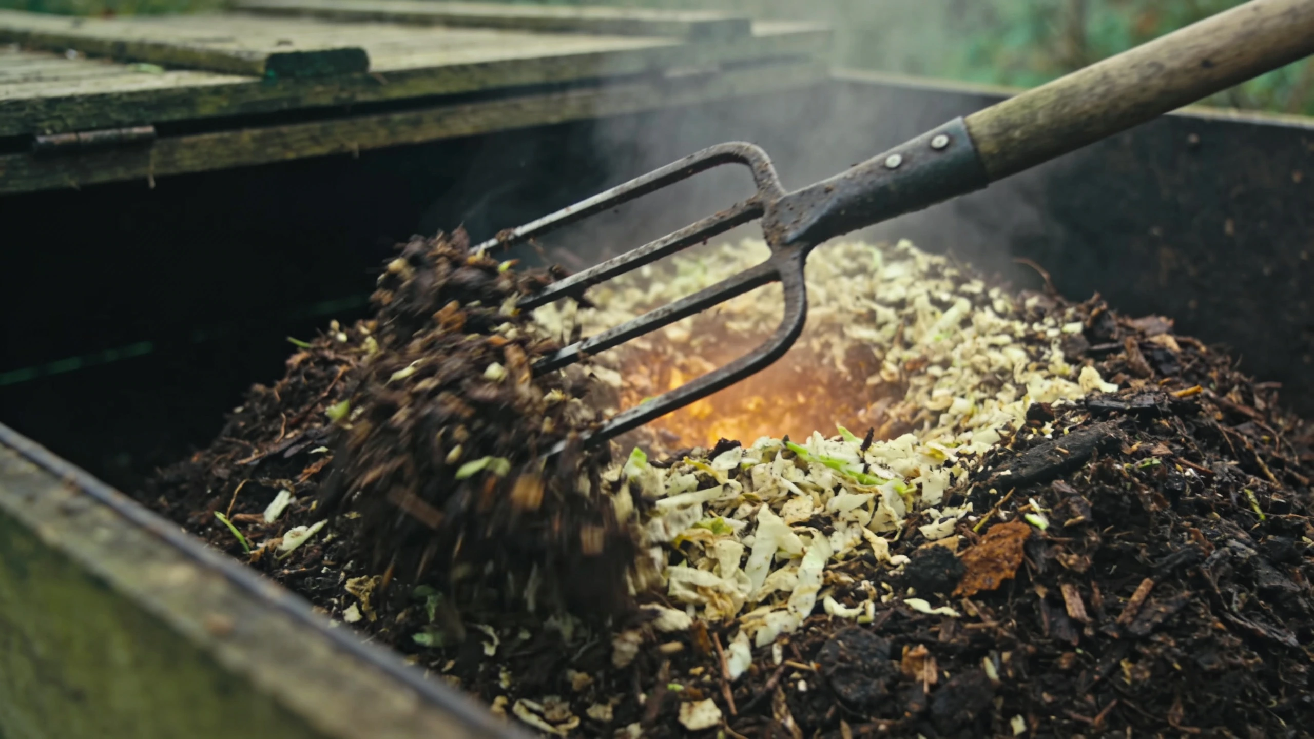 Turning a compost heap with a garden fork Garden fork lifting material in a compost bay with faint steam rising from the centre