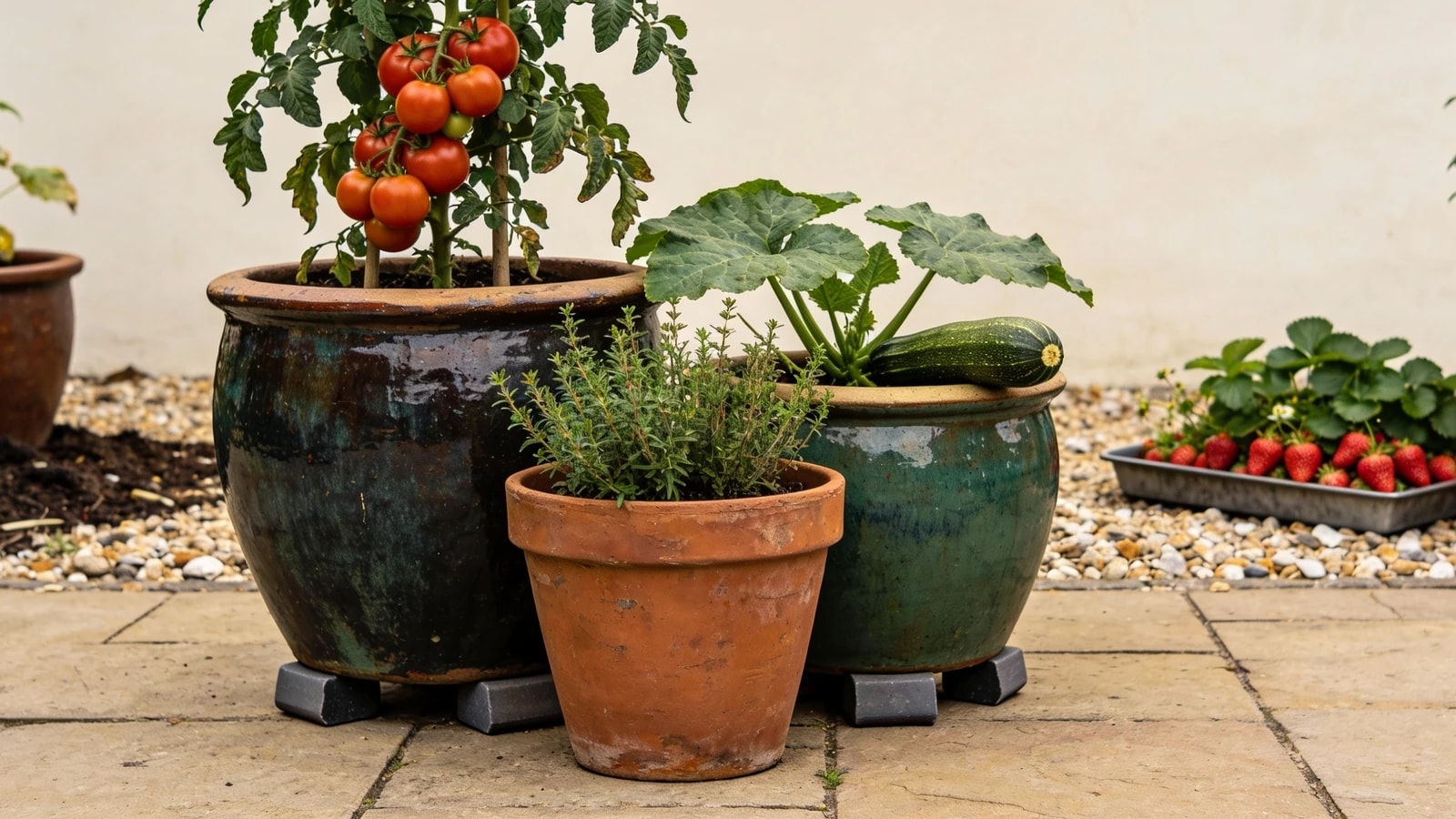 Grouped large containers on a patio with a staked tomato, courgette, herbs and strawberries