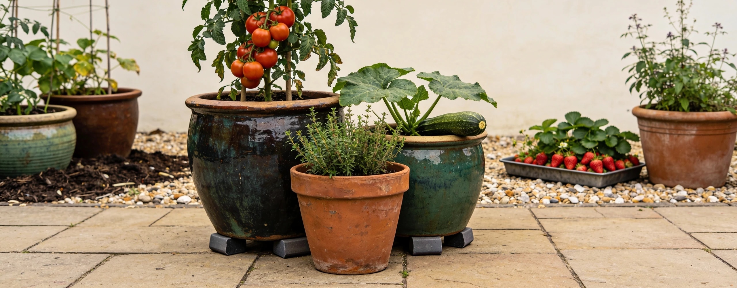 A container garden where the pots are big enough Grouped large containers on a patio with a staked tomato, courgette, herbs and strawberries