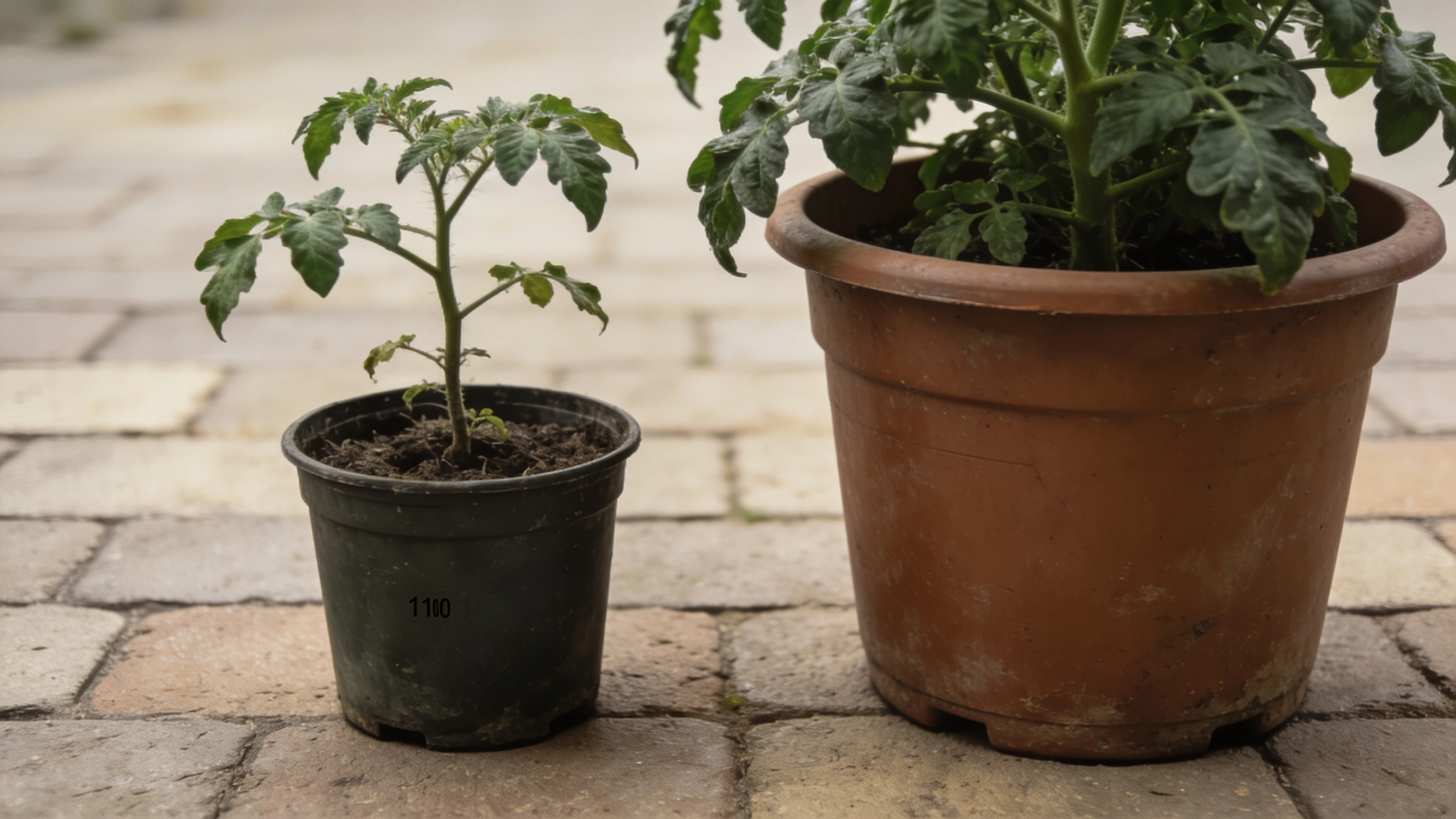 One variety, two pot sizes, planted the same day Two tomato plants of one variety, one in a small pot and one in a large container