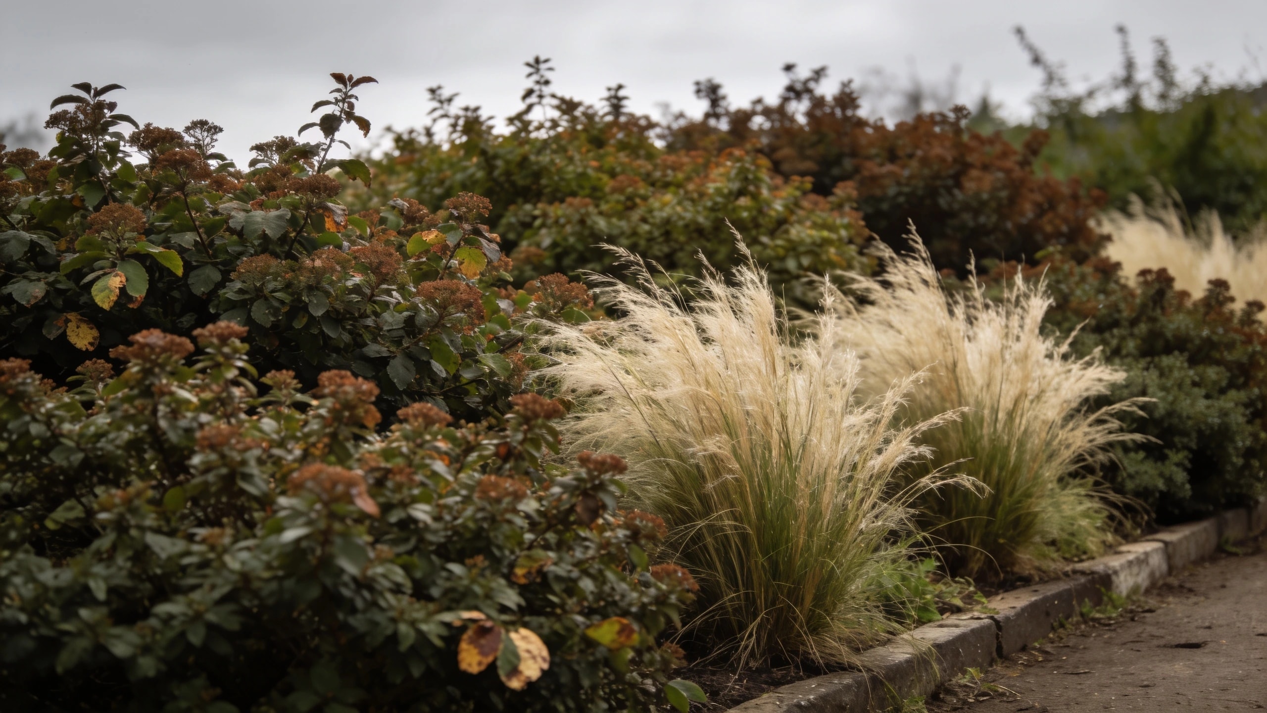 A densely planted border, which dogs walk around rather than through Border planted so densely with shrubs and grasses that no bare soil or gap is visible