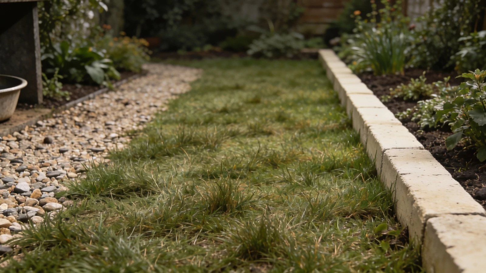 Gravel path on a worn dog route, tough grass, dense borders and a shaded water bowl