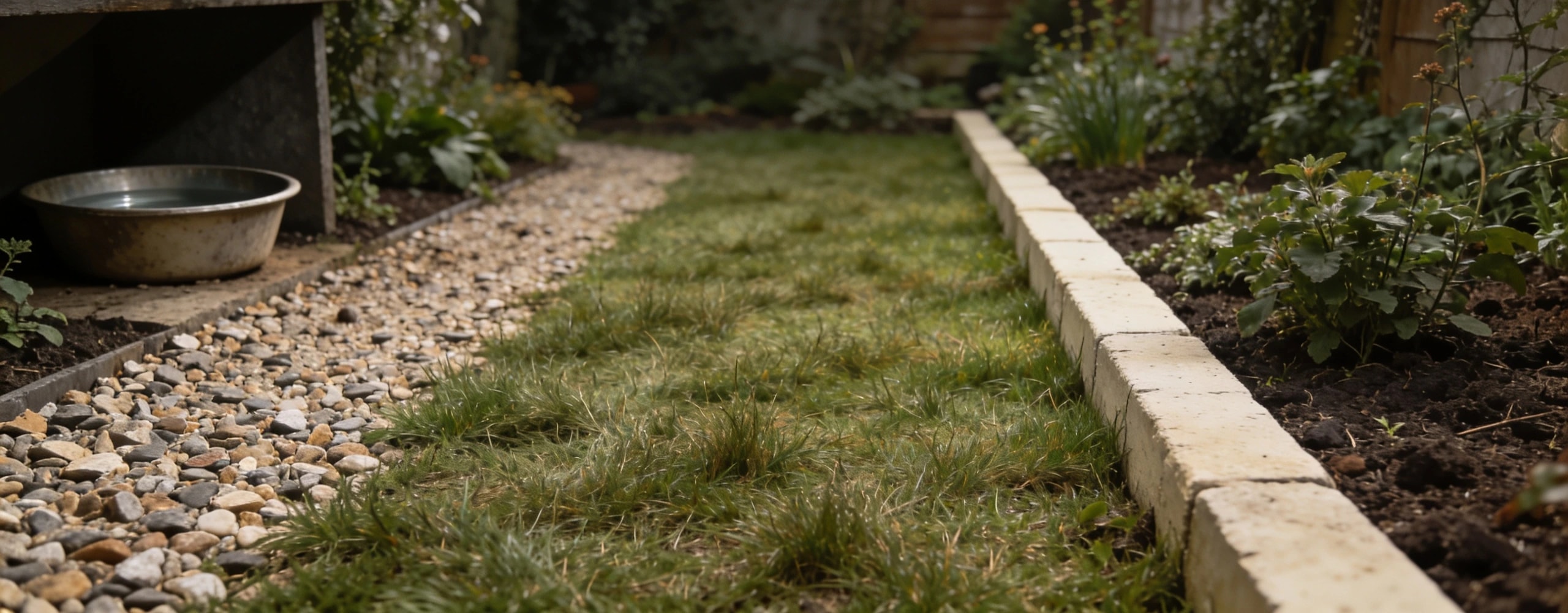 A garden designed around what the dog already does Gravel path on a worn dog route, tough grass, dense borders and a shaded water bowl