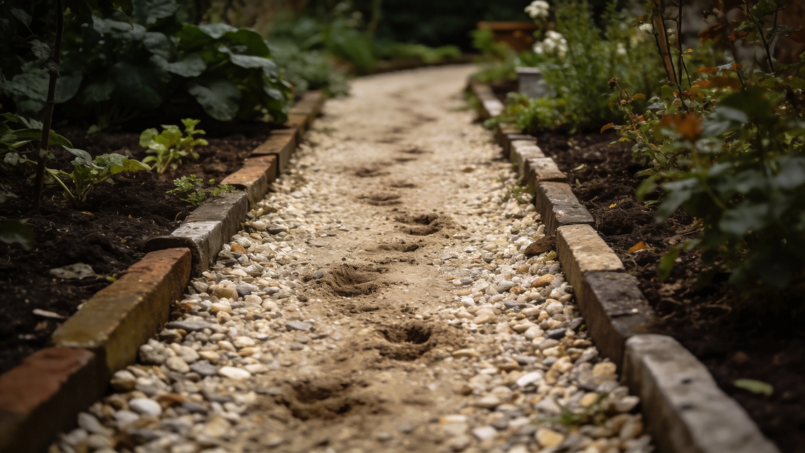The dog's patrol route, made into a path Gravel path following a garden boundary where a dog has worn a route, planting either side