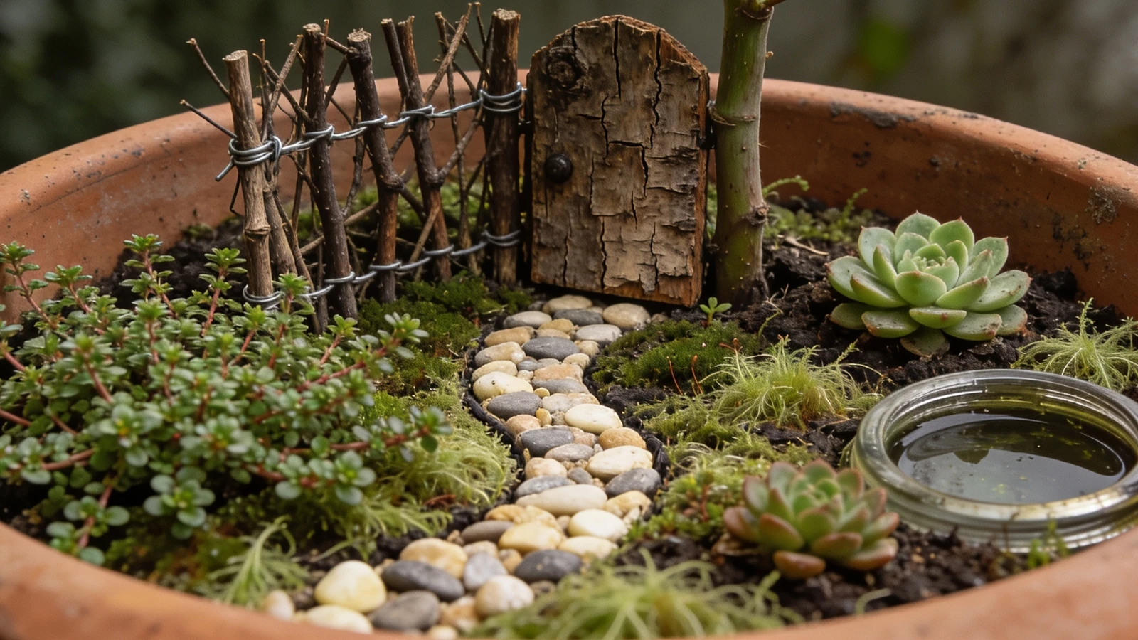 Miniature garden in a shallow pan with thyme, a pebble path, a twig fence and a bark door