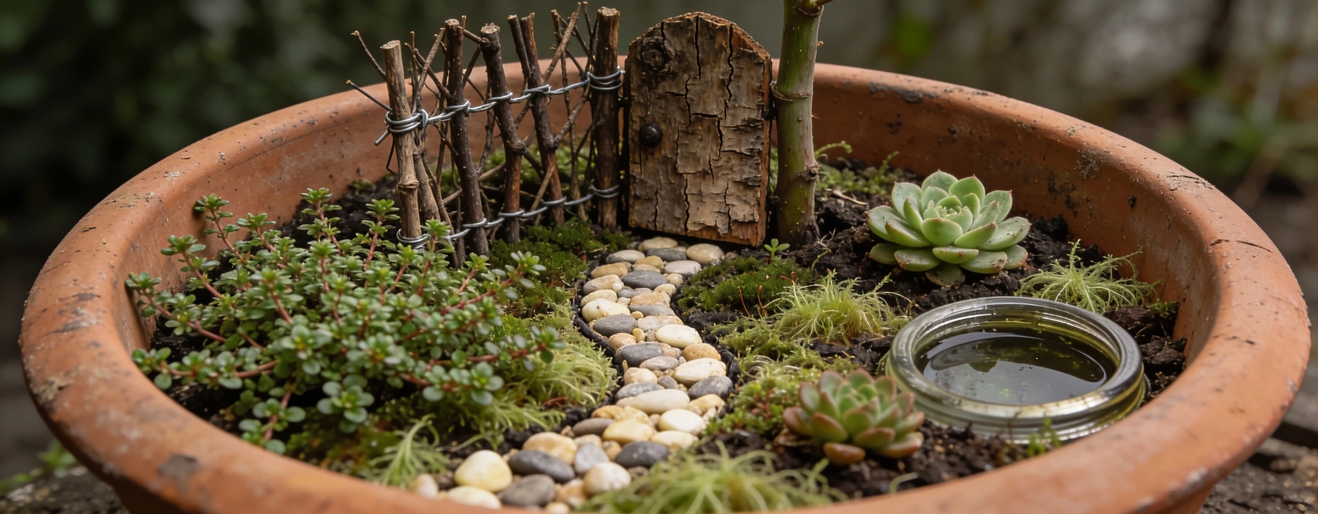 A fairy garden made mostly from plants and found objects Miniature garden in a shallow pan with thyme, a pebble path, a twig fence and a bark door