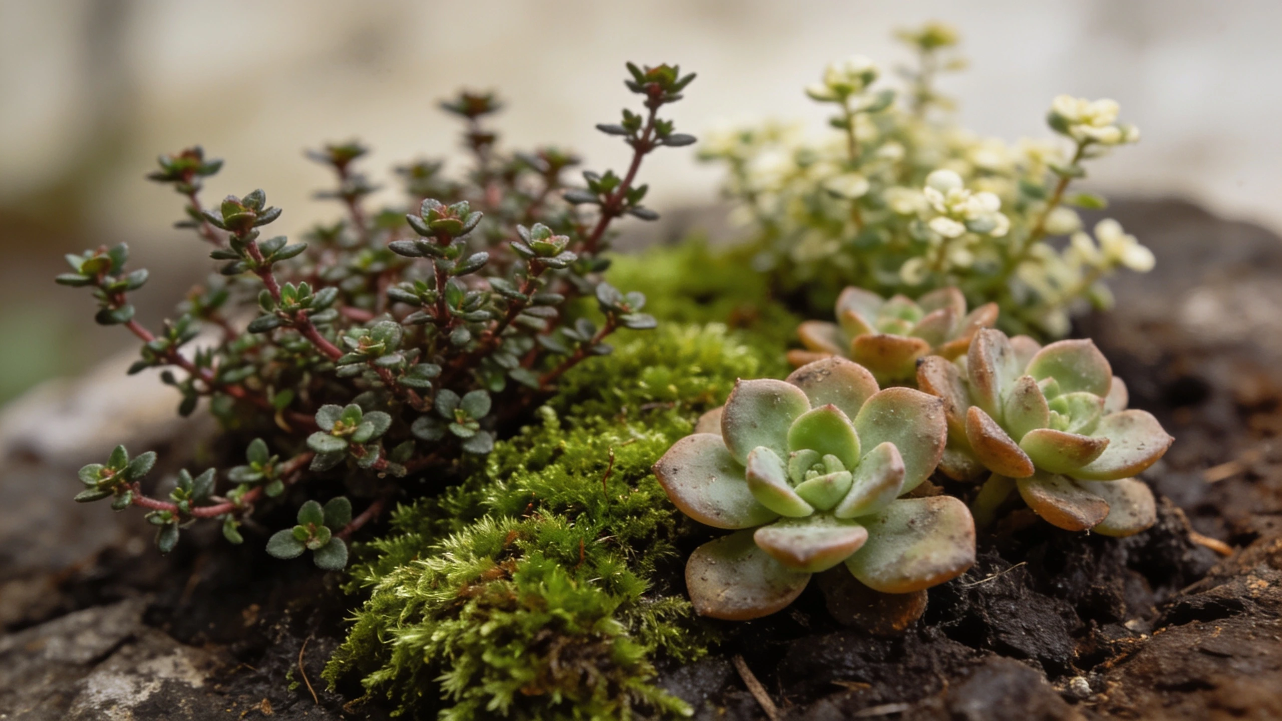 Plants that are small by nature, not just small in the pot Close view of creeping thyme, sagina and small sedums planted at miniature scale