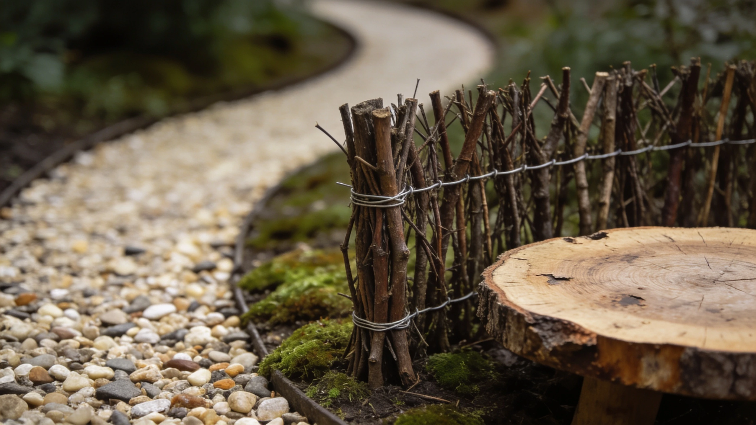 A twig fence and a pebble path, both made rather than bought Detail of a small twig fence bound with wire beside a curving path of tiny pebbles and moss