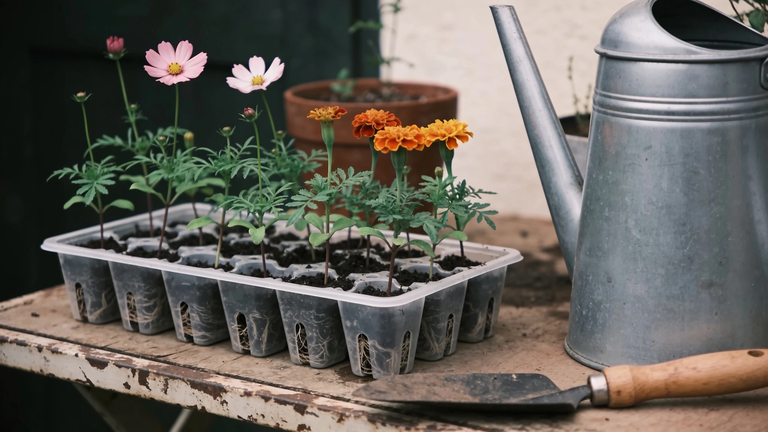Bedding plants in a seed tray ready to plant out Seed tray of young cosmos and marigold seedlings on a potting bench