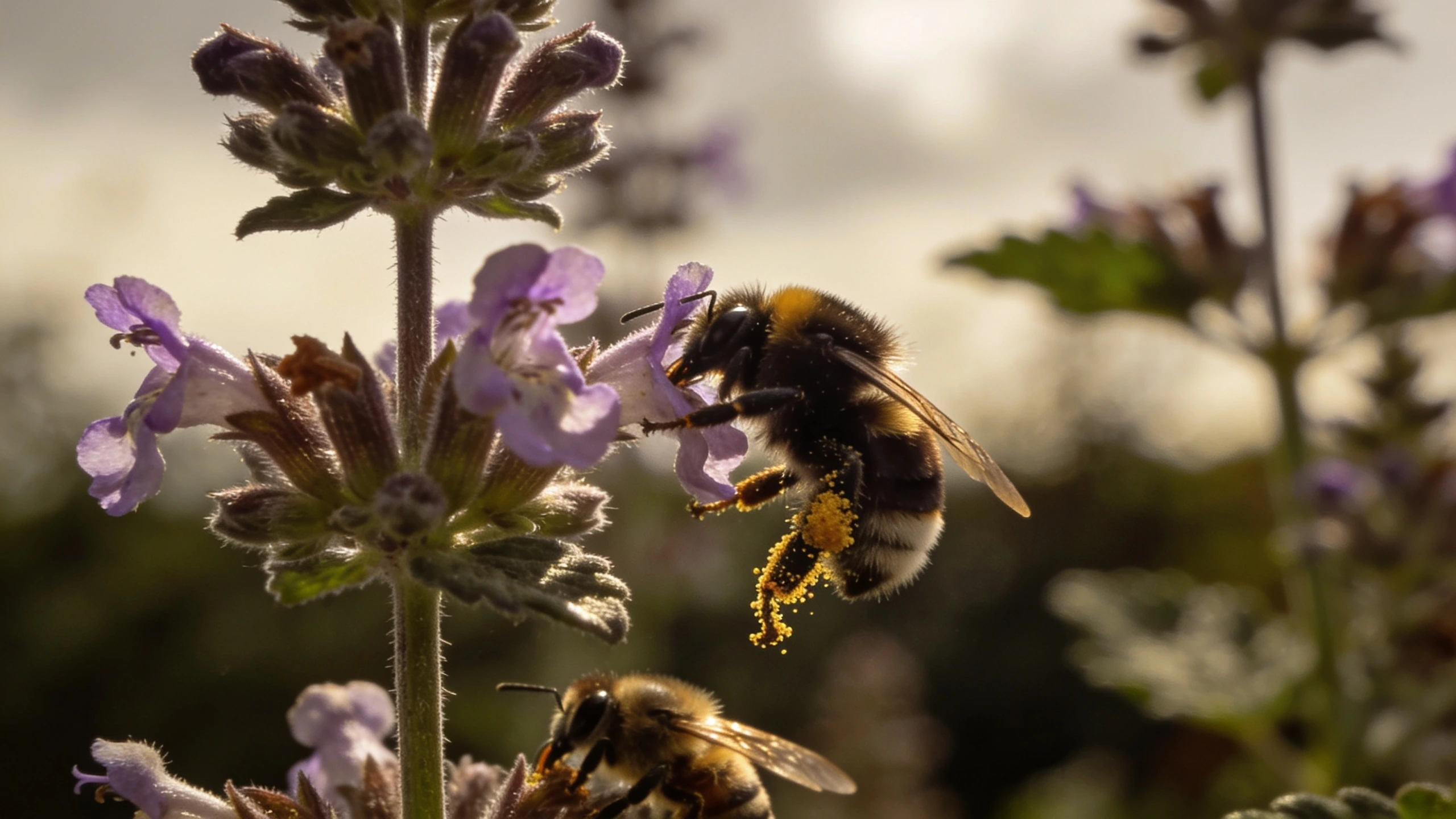Bees on single-flowered perennials Honeybees and a bumblebee feeding on open catmint and verbena flowers