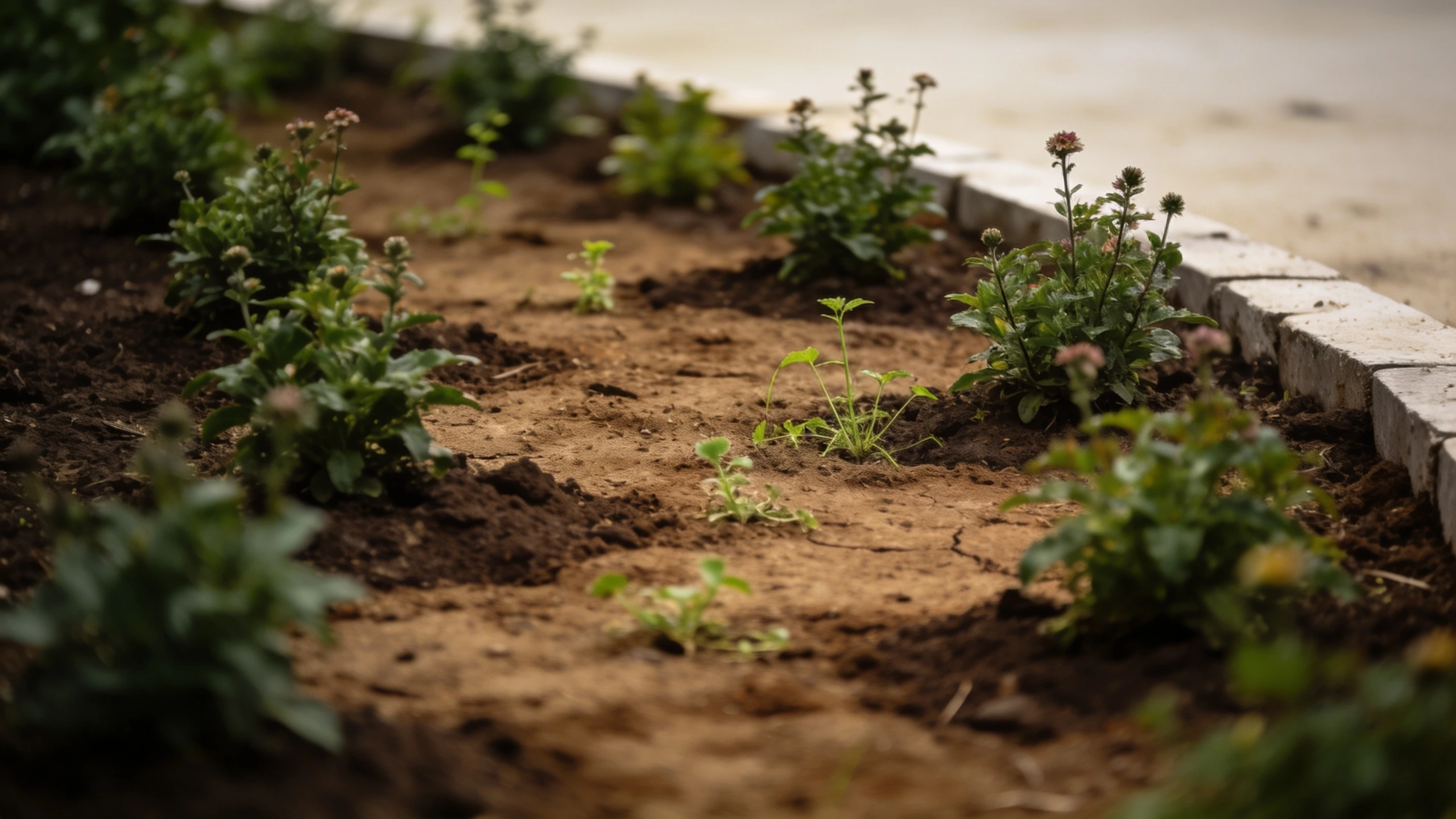 A new flower border with bare soil between the plants Newly planted border with young perennials far apart and bare soil showing