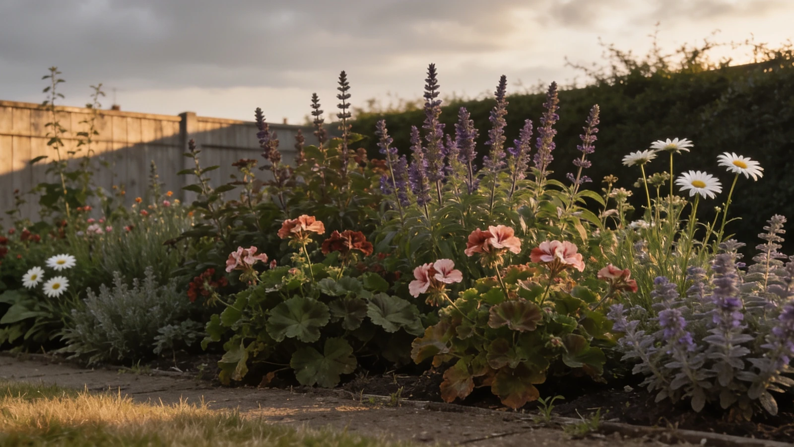 Packed flower border of geranium, salvia and catmint beside a grass path