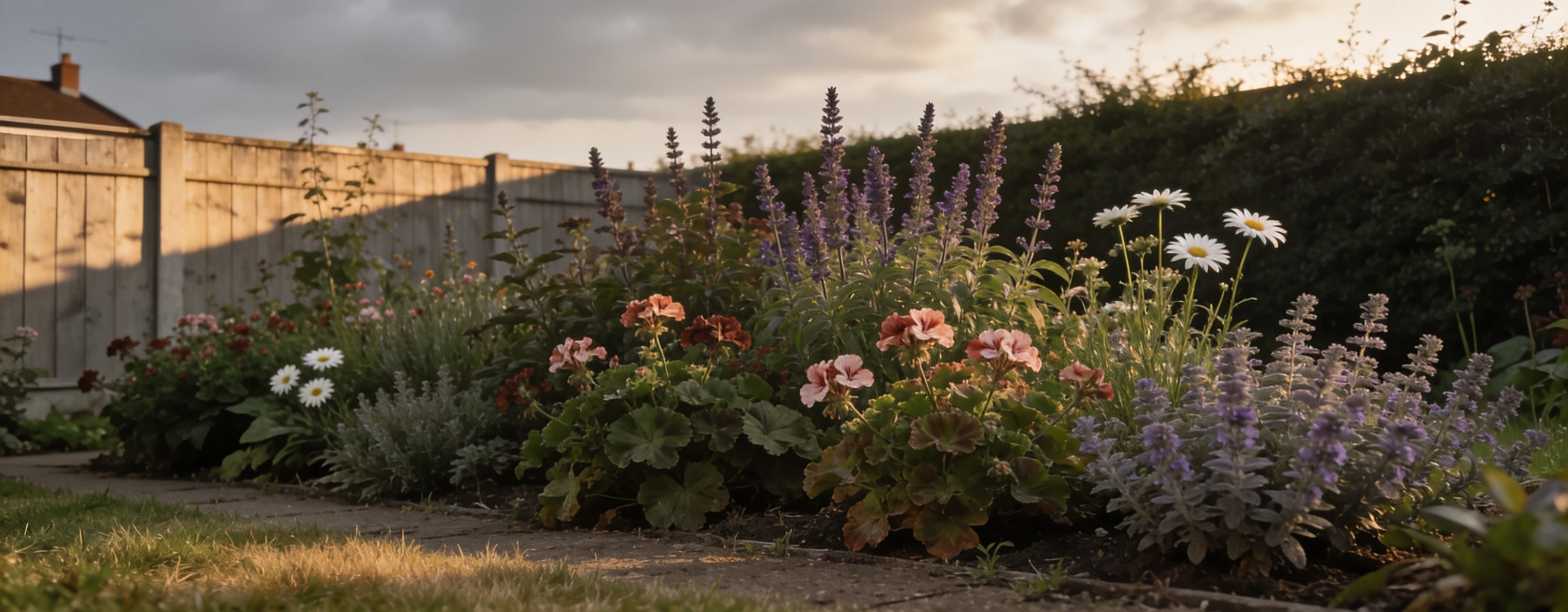 A full cottage-style flower border in a small back garden Packed flower border of geranium, salvia and catmint beside a grass path