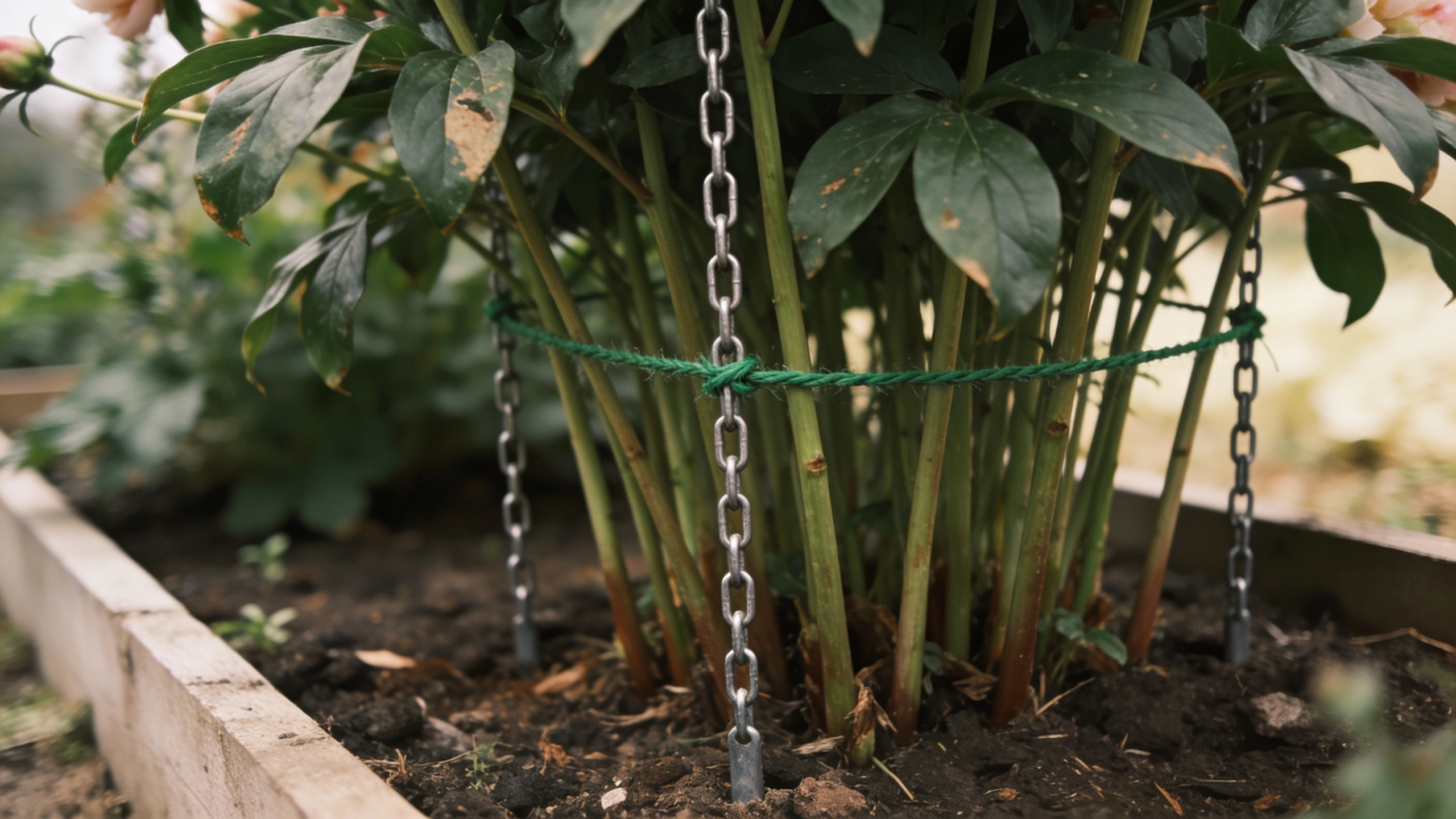 Supporting tall perennials with link stakes Metal link stakes and twine supporting tall peony stems in a border