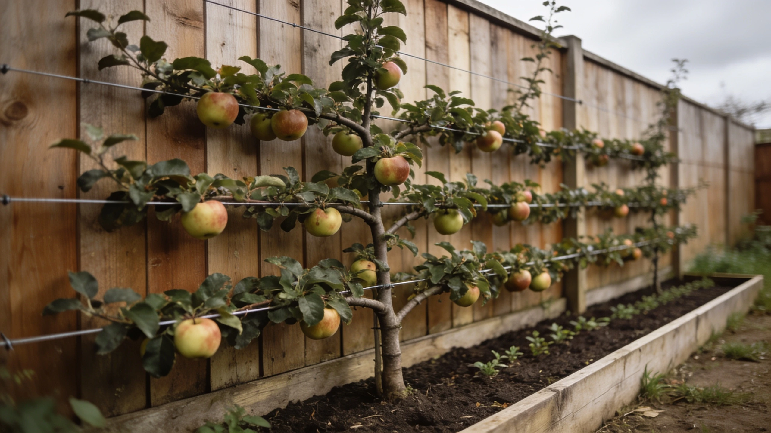 An espalier apple using 40 cm of border depth Apple tree trained in horizontal tiers along wires on a fence with fruit and a narrow bed below