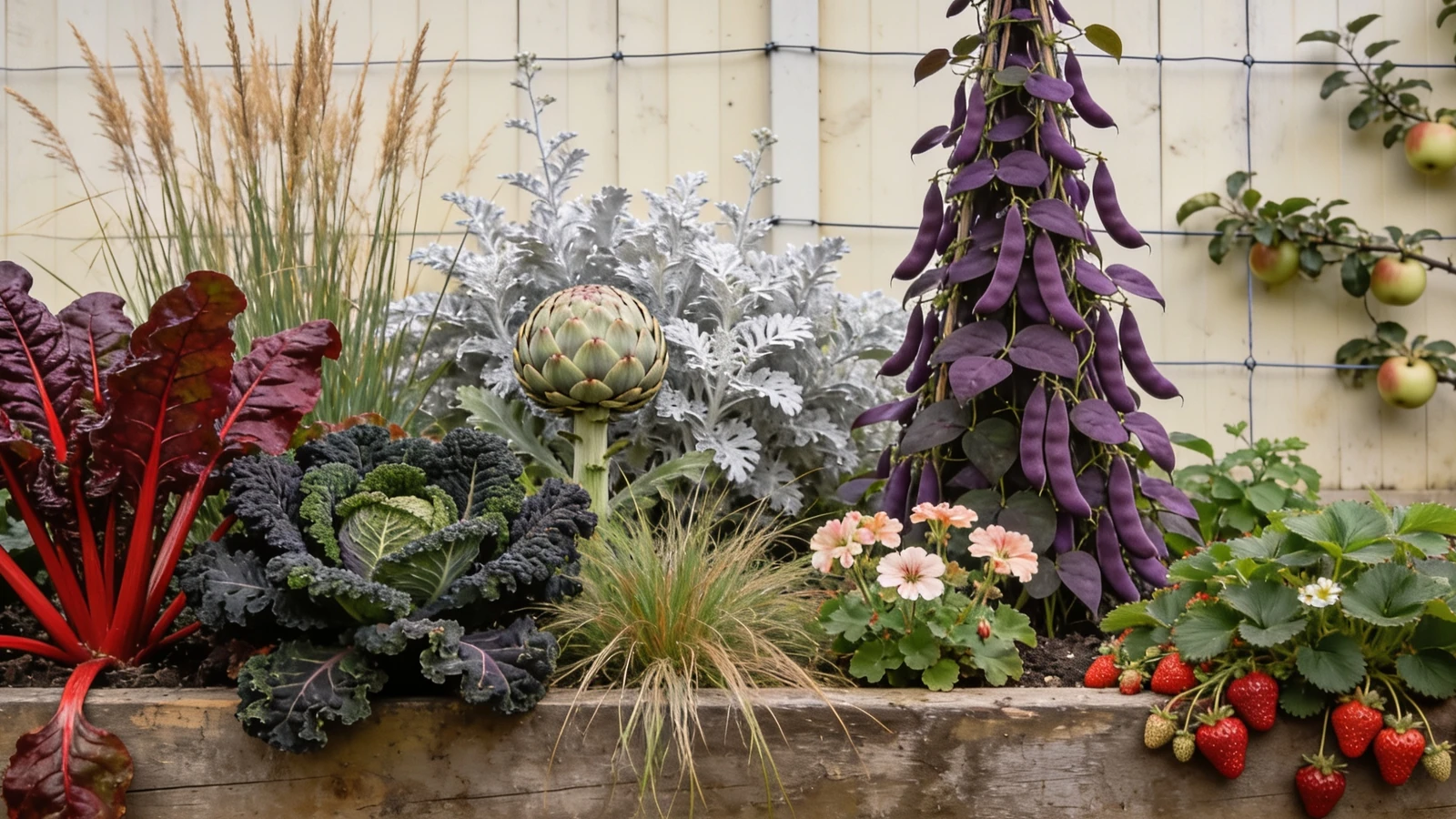 Mixed border of ruby chard, kale and artichoke among geraniums with beans on an obelisk