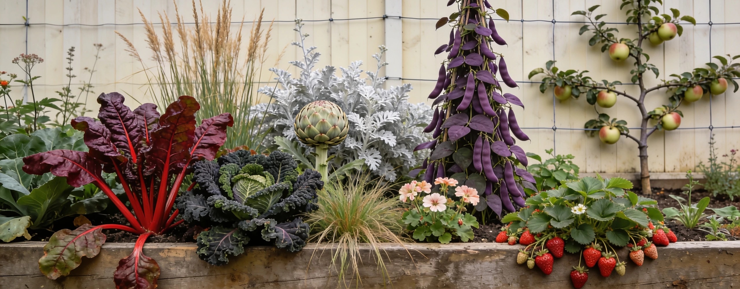 A border where the food and the flowers are the same planting Mixed border of ruby chard, kale and artichoke among geraniums with beans on an obelisk