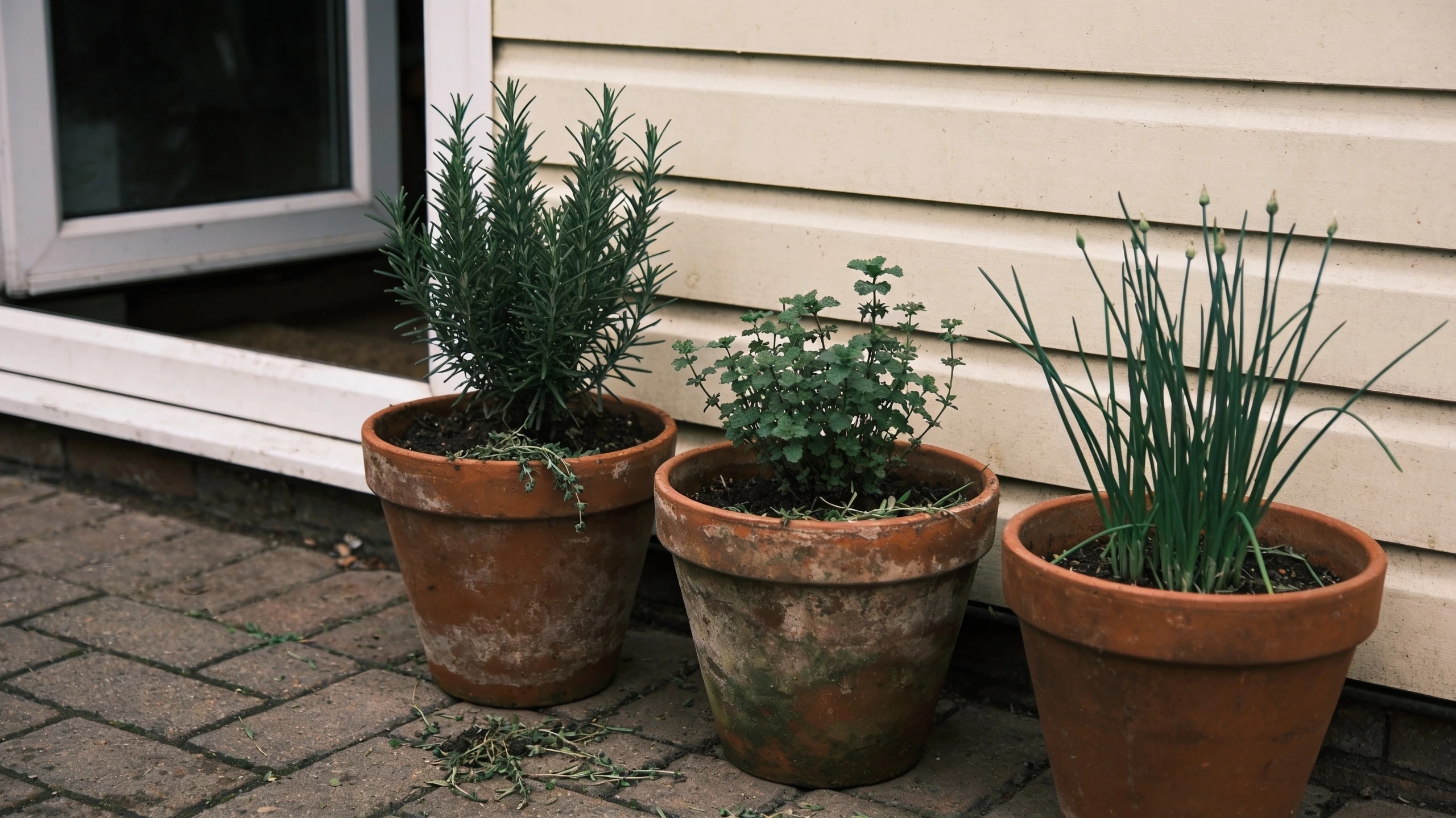 Herbs by the door, which is the whole design principle Three terracotta pots of rosemary, thyme and chives on paving immediately beside a back door