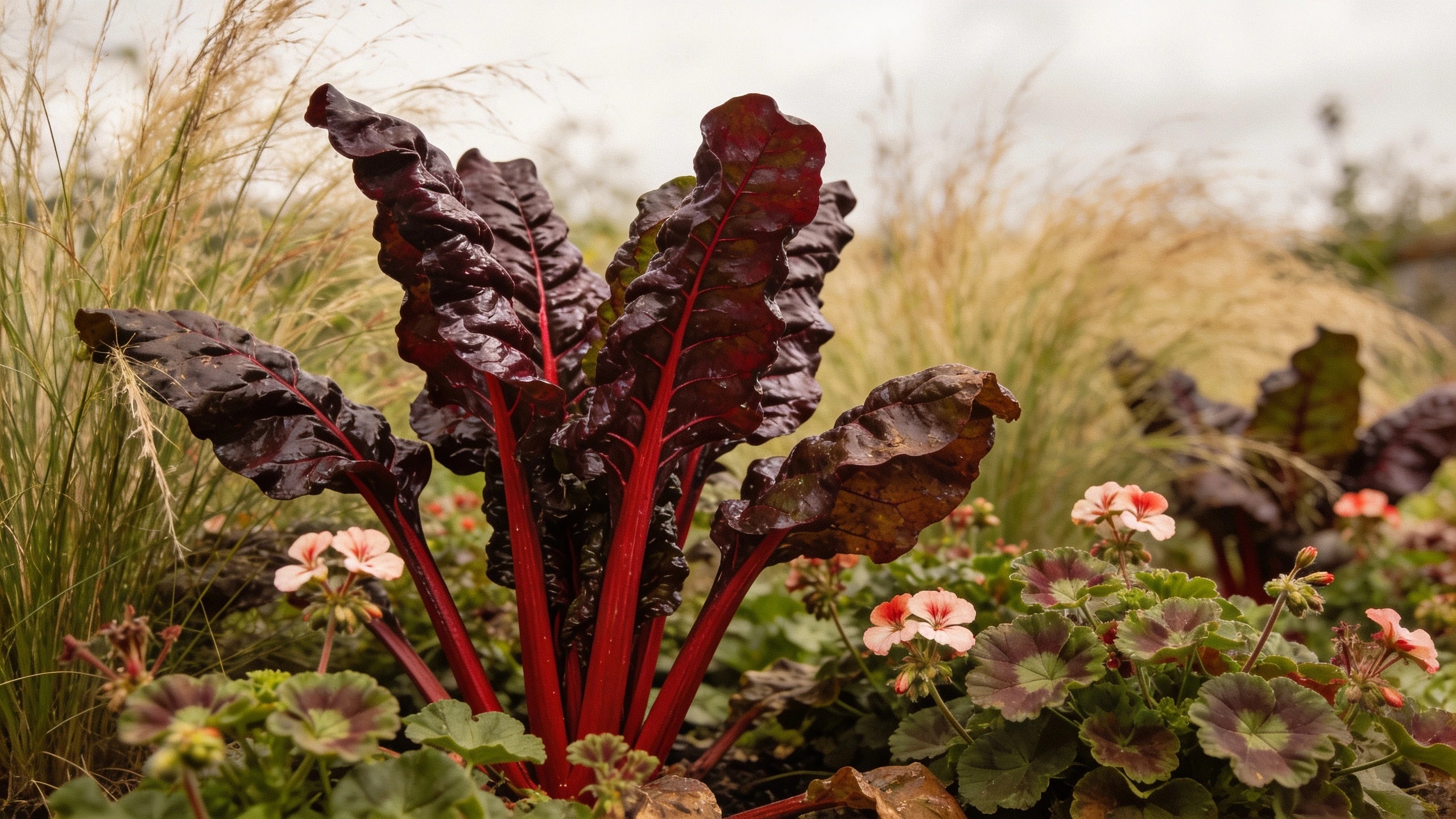 Ruby chard planted in a border rather than a row Ruby chard with vivid red stems growing among hardy geranium and ornamental grasses