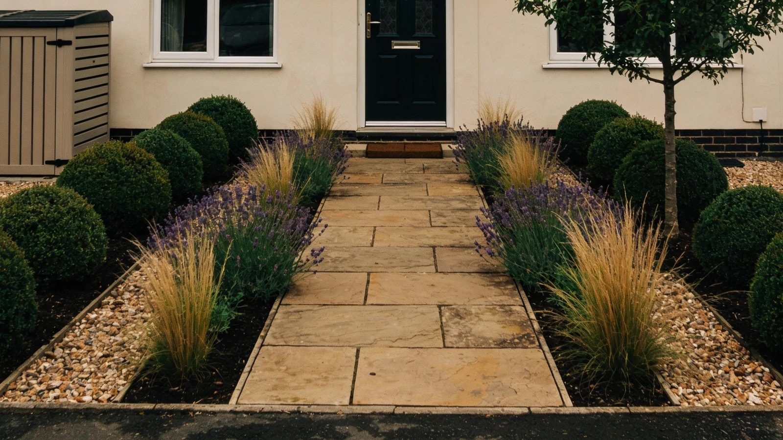 Small front garden with one wide stone path, deep beds of clipped evergreens, lavender and grasses