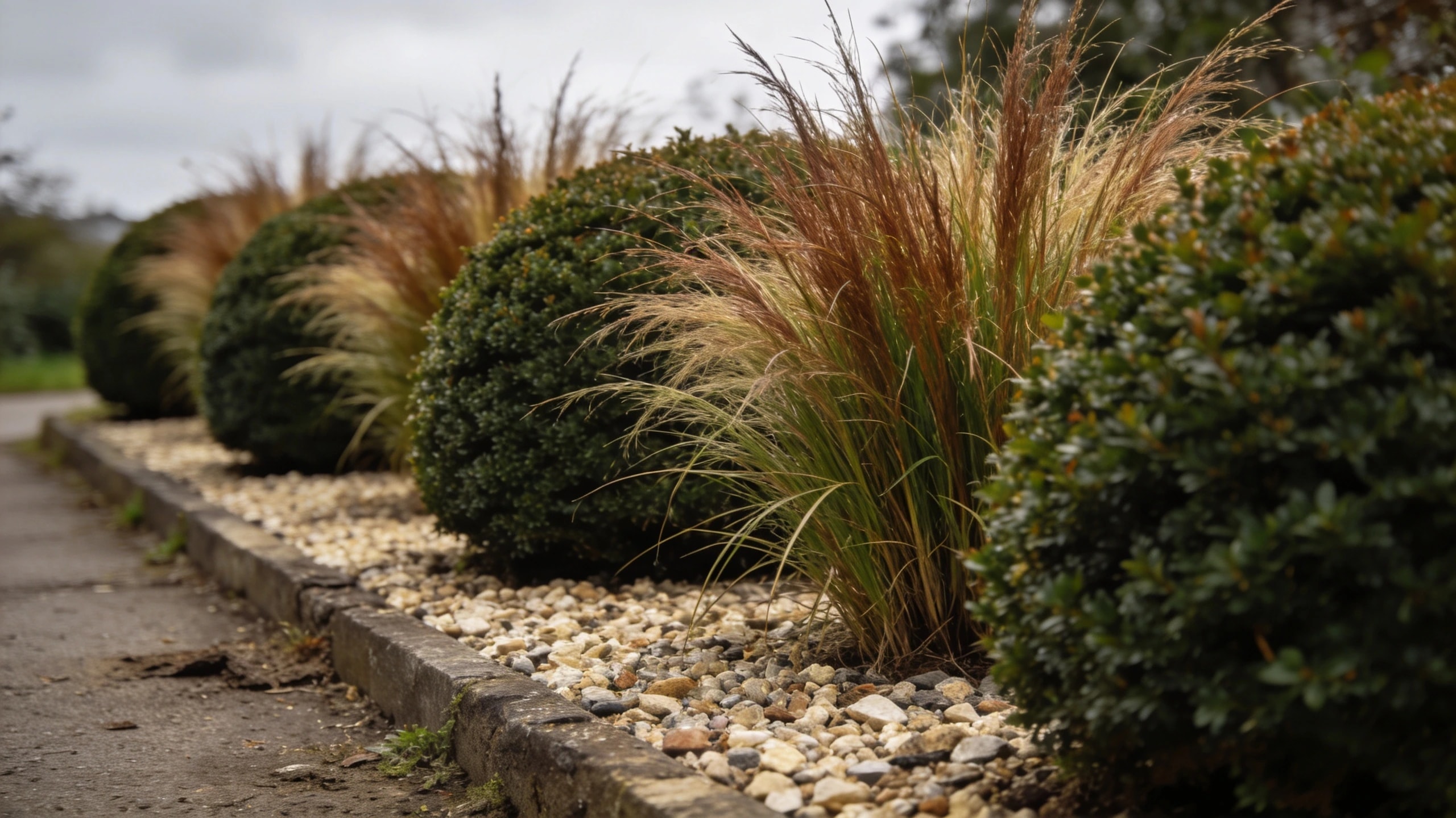 The same two plants repeated down both sides Front garden bed with repeated clipped evergreen mounds and grasses along a path