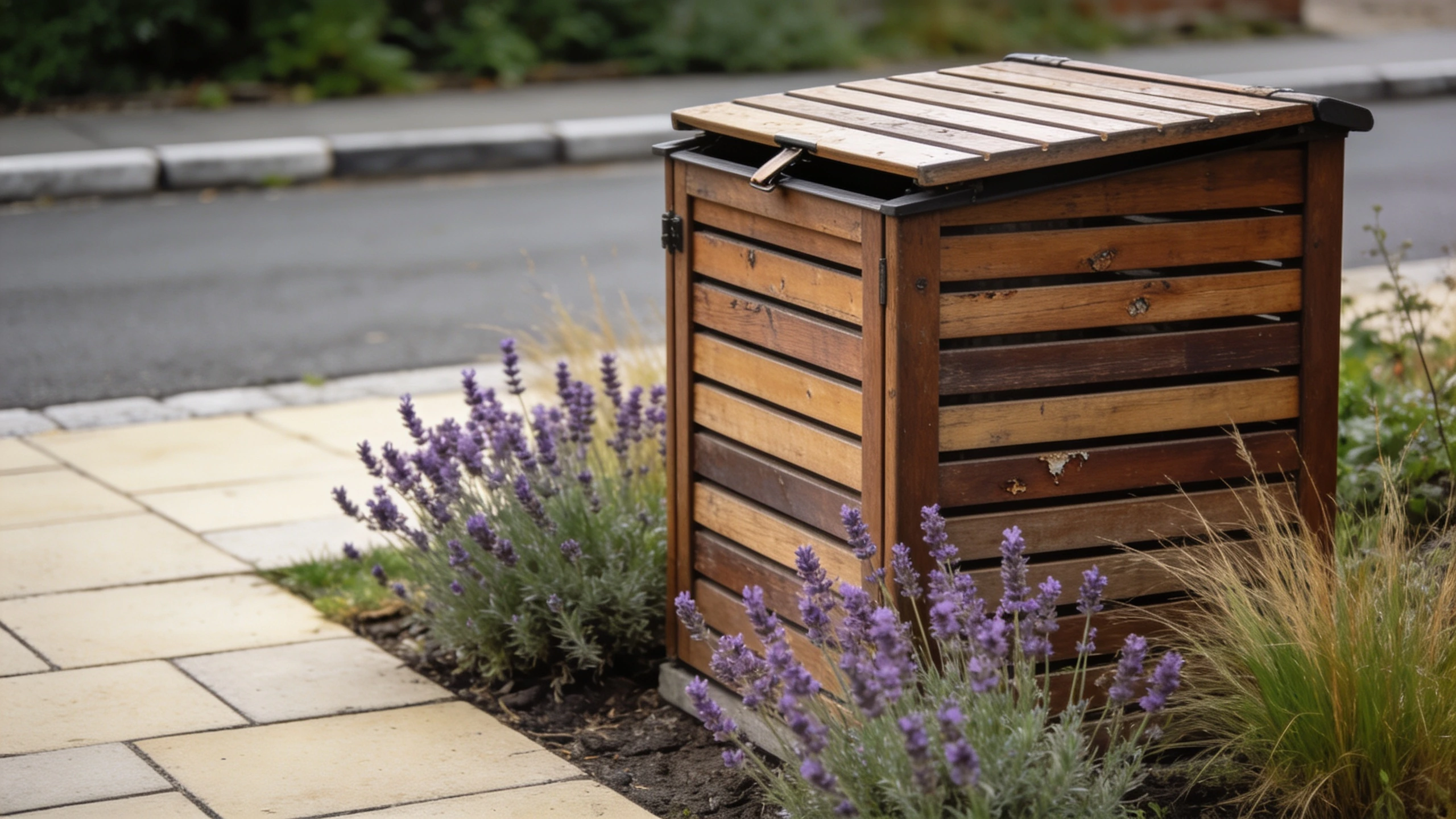 A slatted bin store on the route to the kerb Slatted timber bin store with a hinged lid set beside a paved path with planting around it