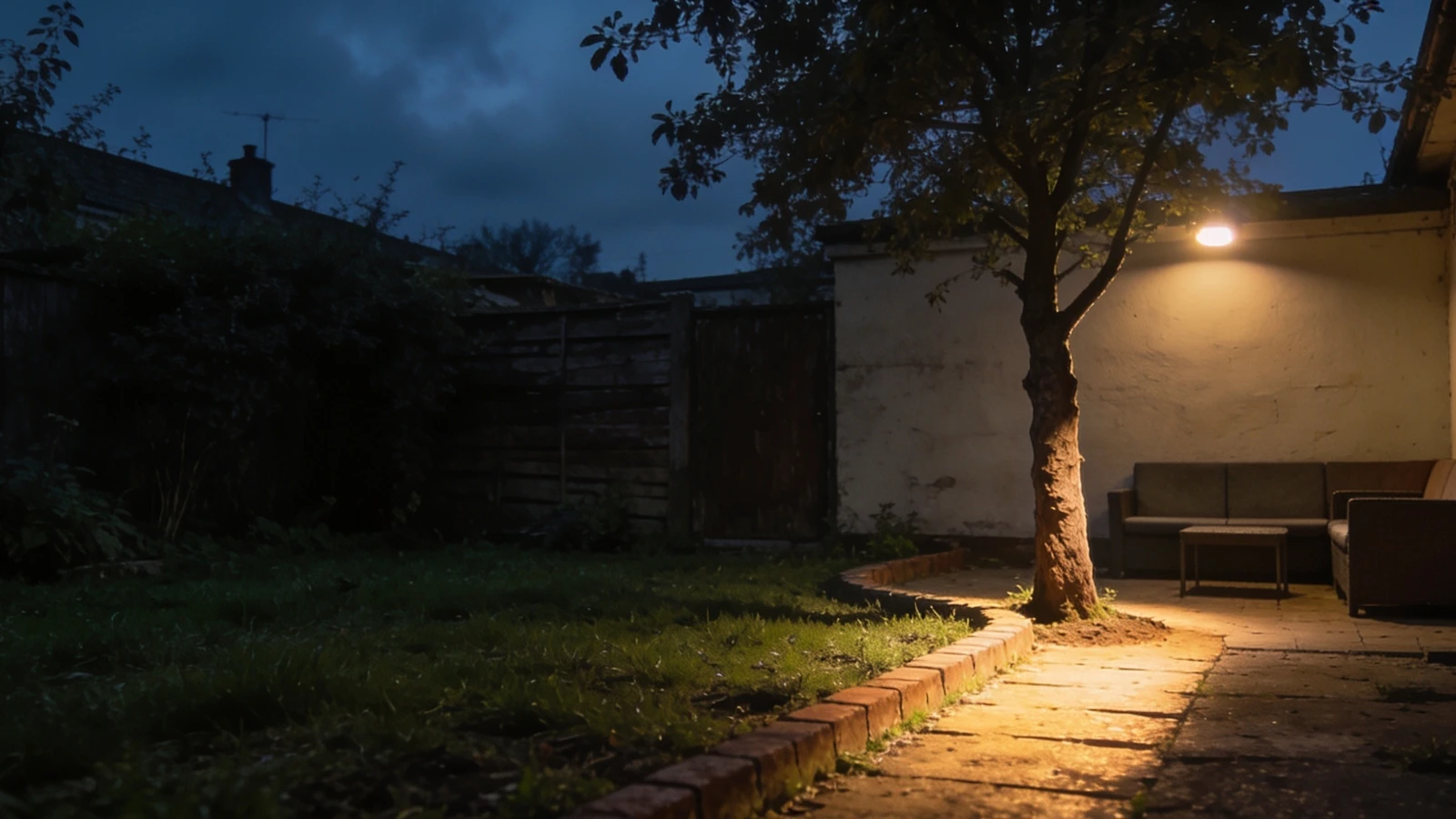 Back garden at dusk with warm light on a path edge and up a small tree