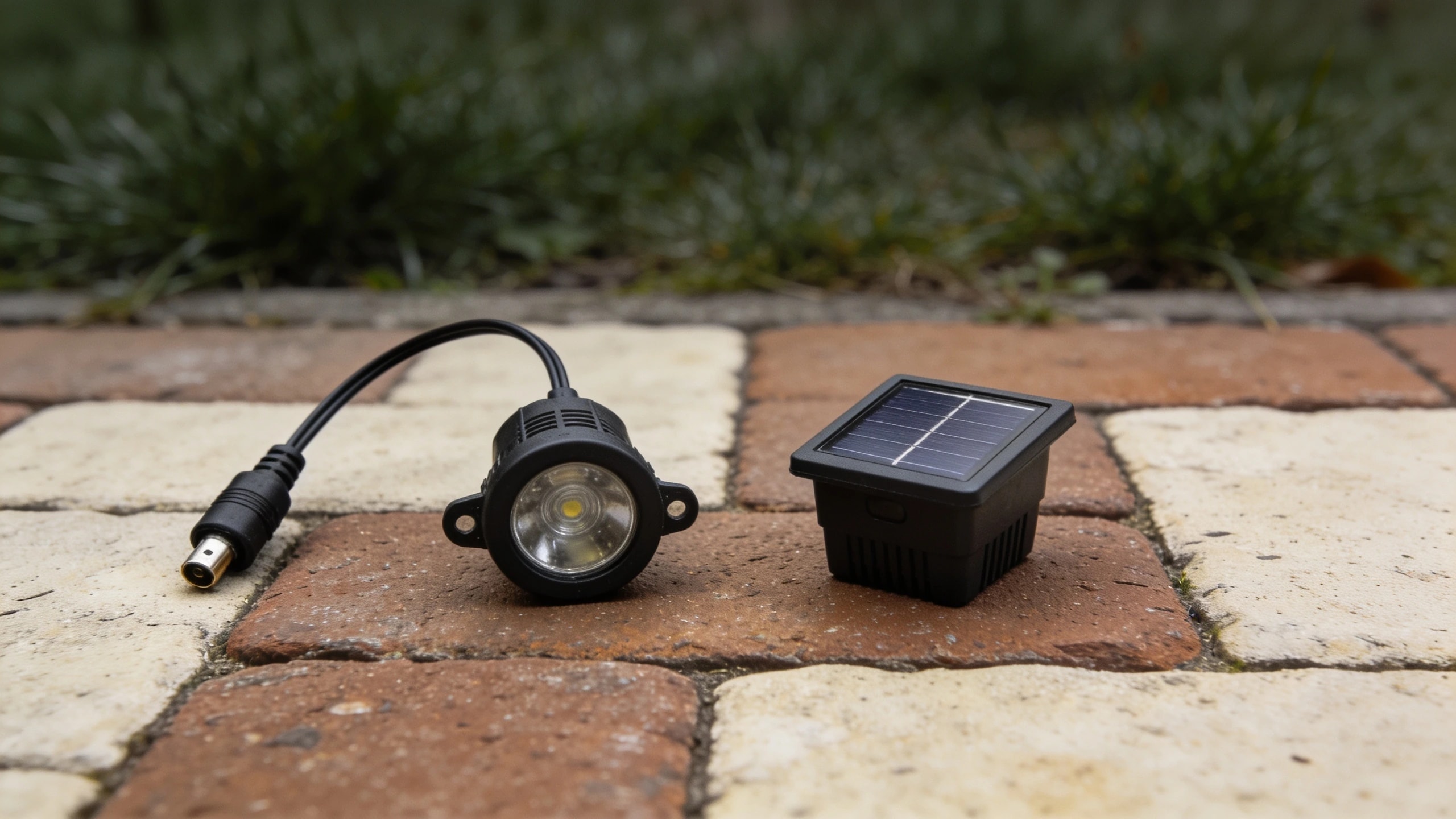Garden lighting cable and solar fittings compared A low voltage garden light with cable beside a solar unit with a small panel