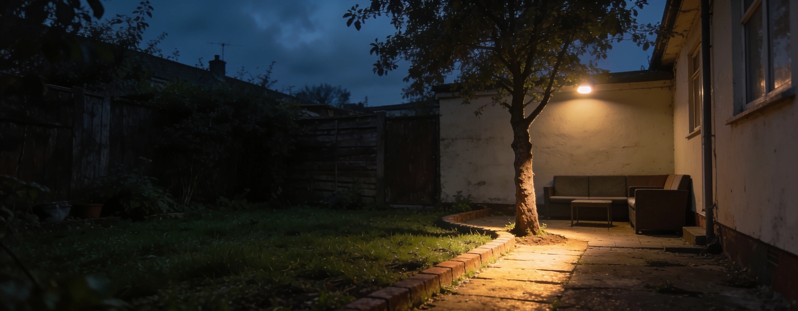 A back garden lit softly at dusk with low level lighting Back garden at dusk with warm light on a path edge and up a small tree