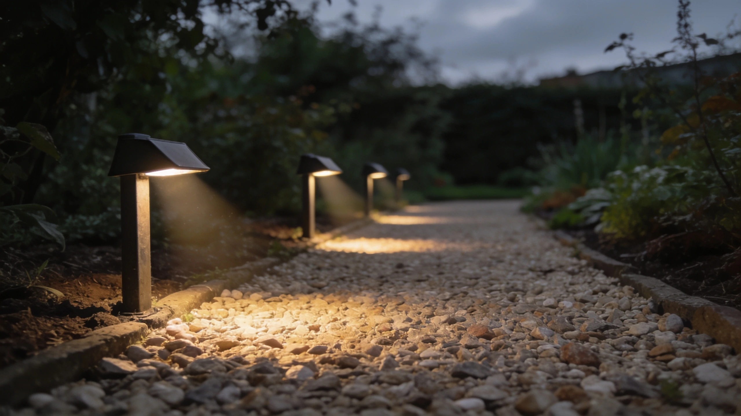 Low level path lighting along a garden path Short shielded post lights along a gravel path casting pools of warm light down