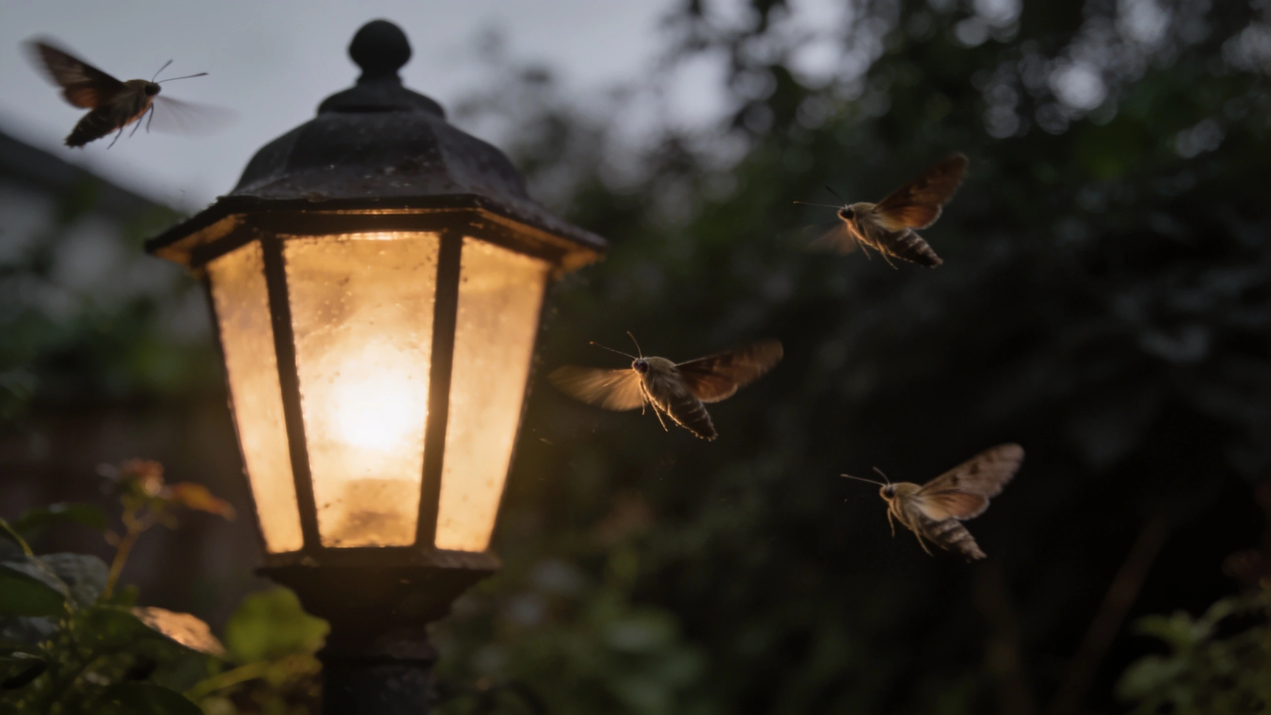 Moths circling a garden light at night Several moths circling a warm garden light at night against dark foliage