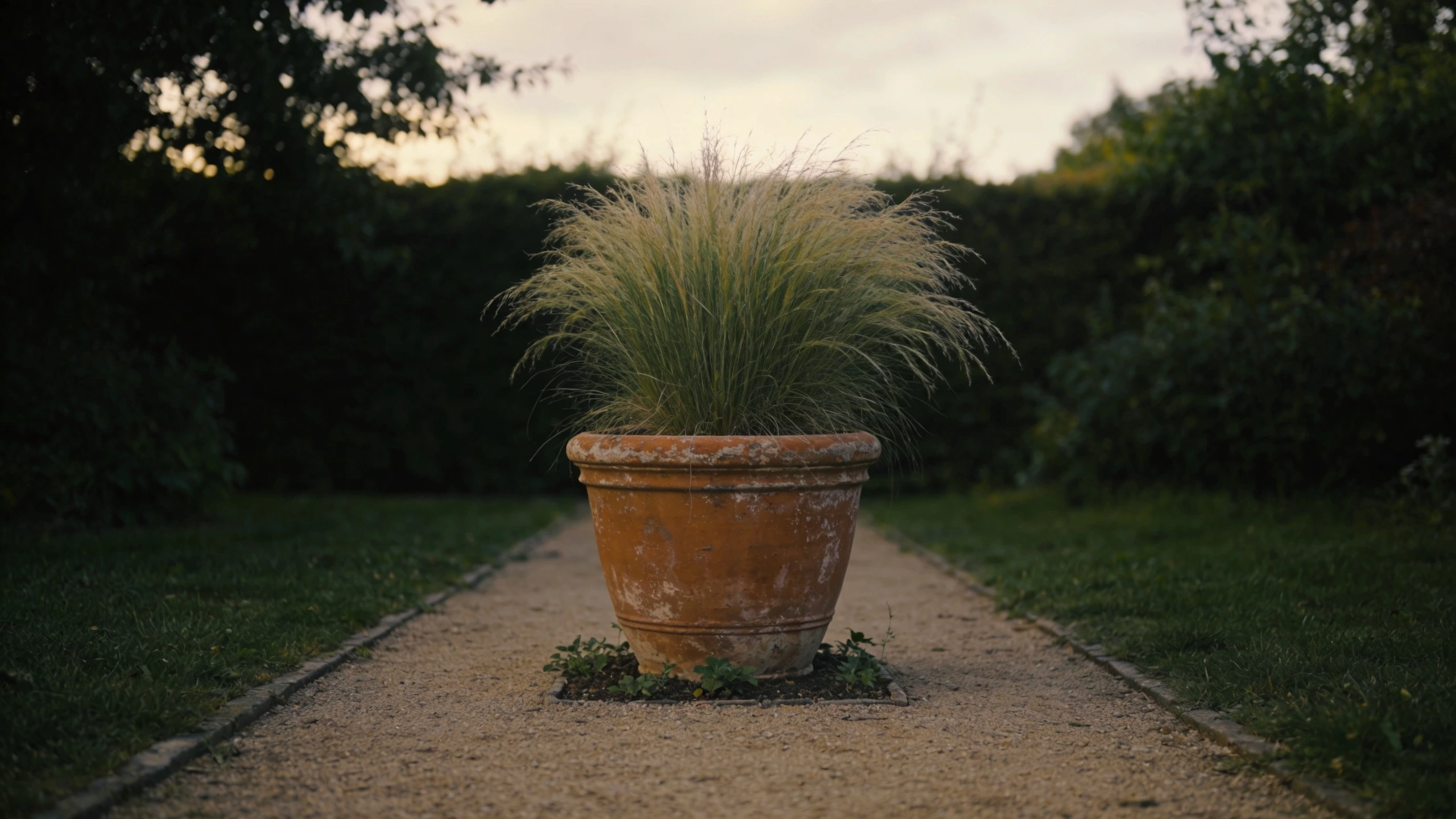 One large planted pot used as a focal point Single large terracotta pot with an ornamental grass at the end of a garden path